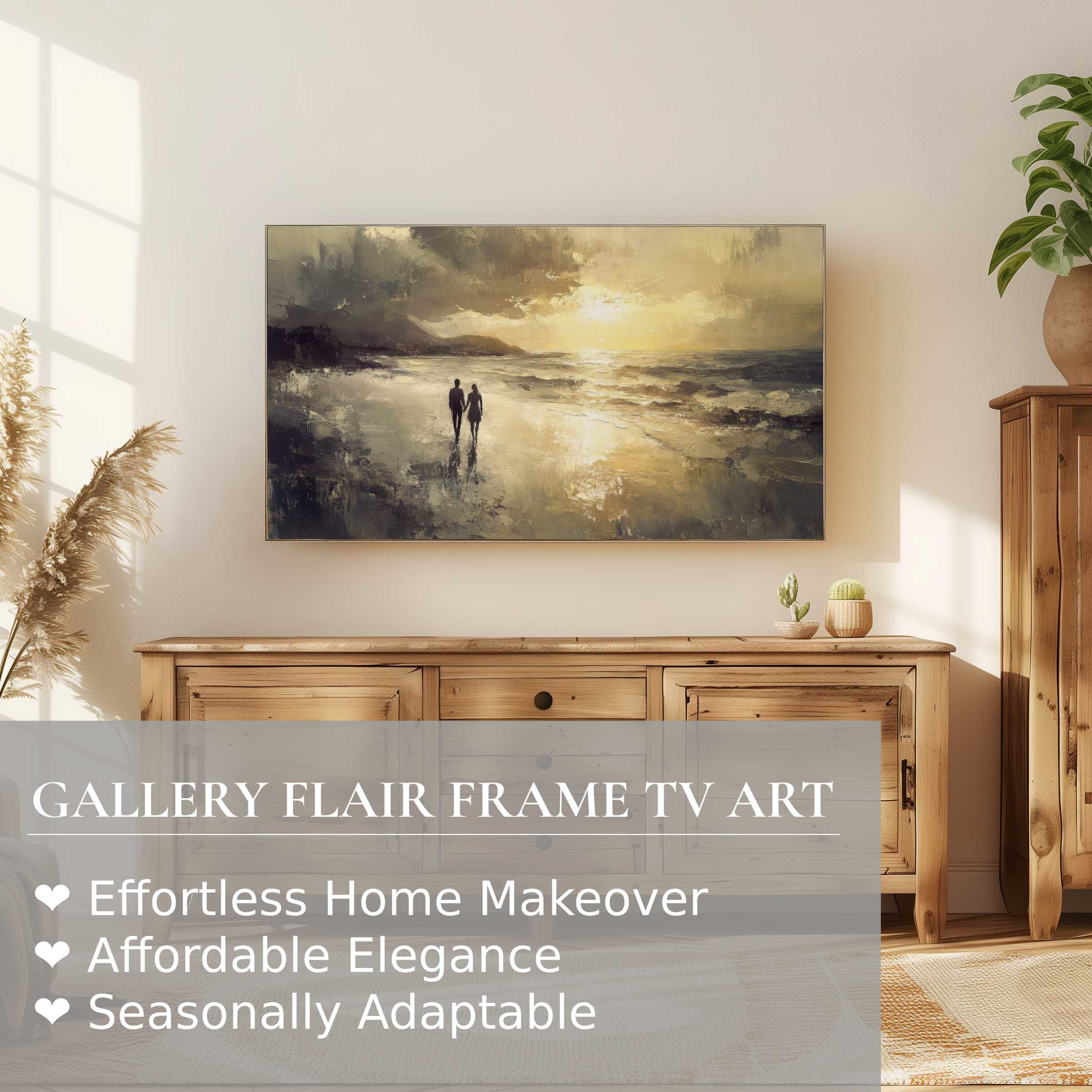 Samsung Frame TV displaying serene beach digital artwork, blending modern elegance with cozy natural decor