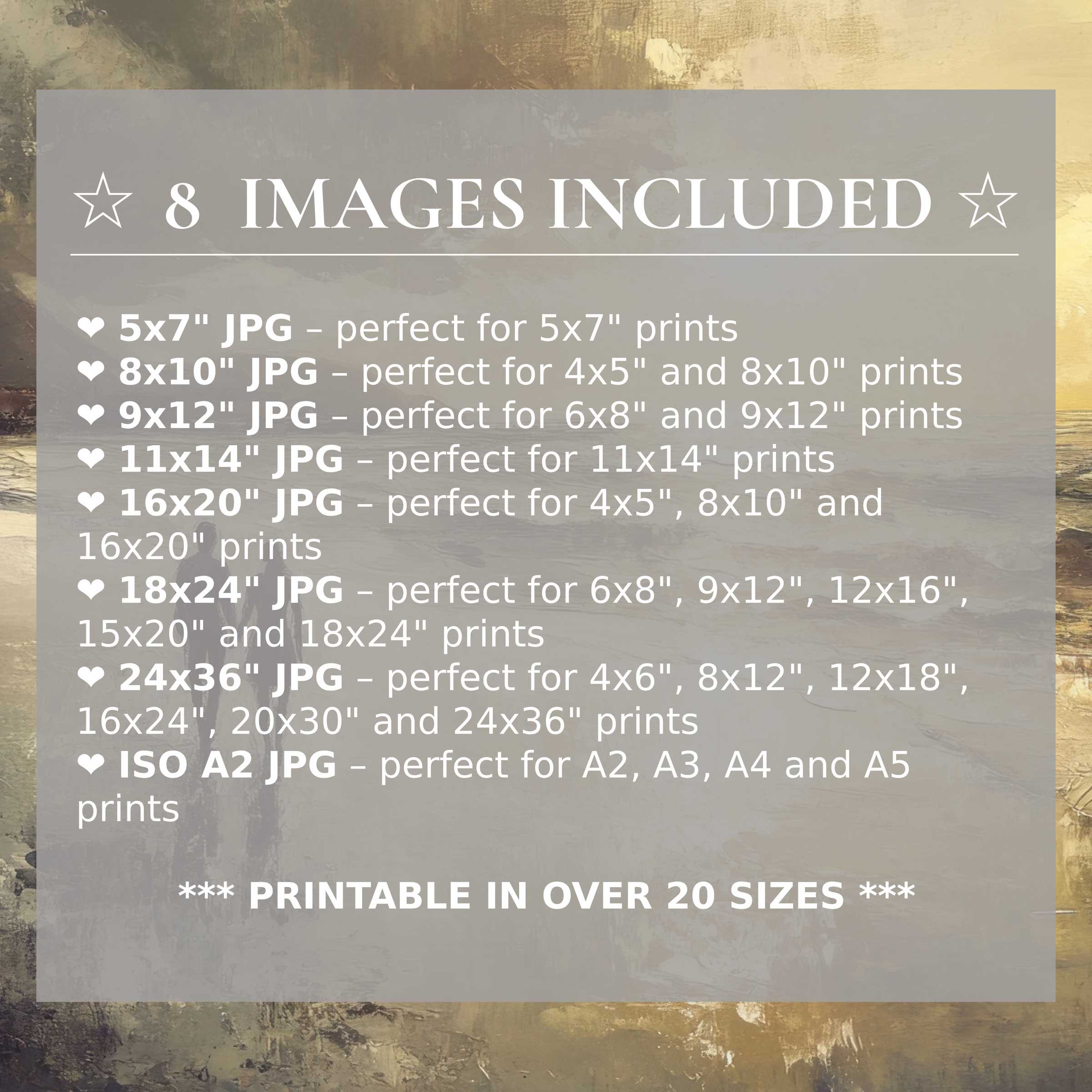 Beach digital print featuring radiant golden and muted blue hues, delivering calming elegance and versatile style in 8 high-quality sizes included