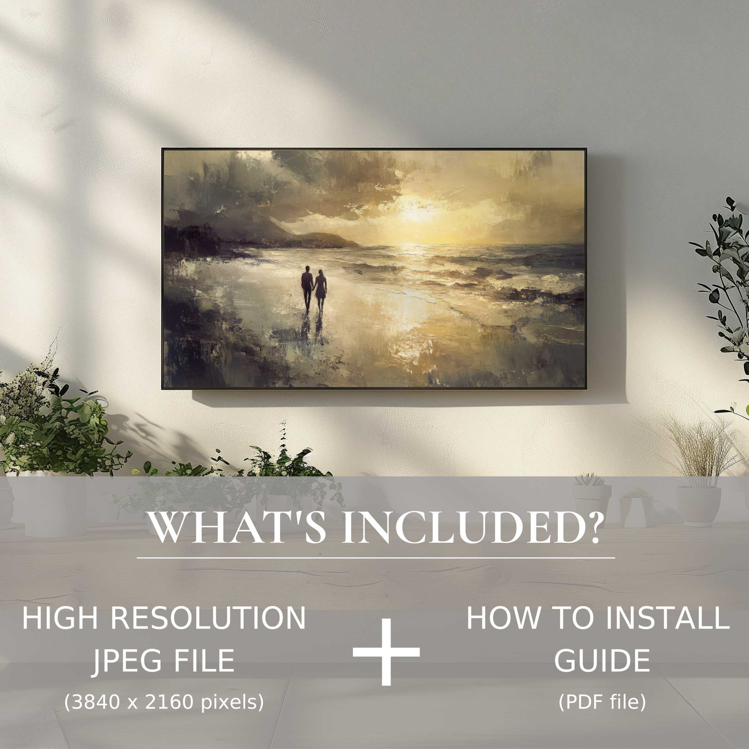 Elegant beach digital TV art download, easy to use, enhances living spaces with warm sunset ambiance
