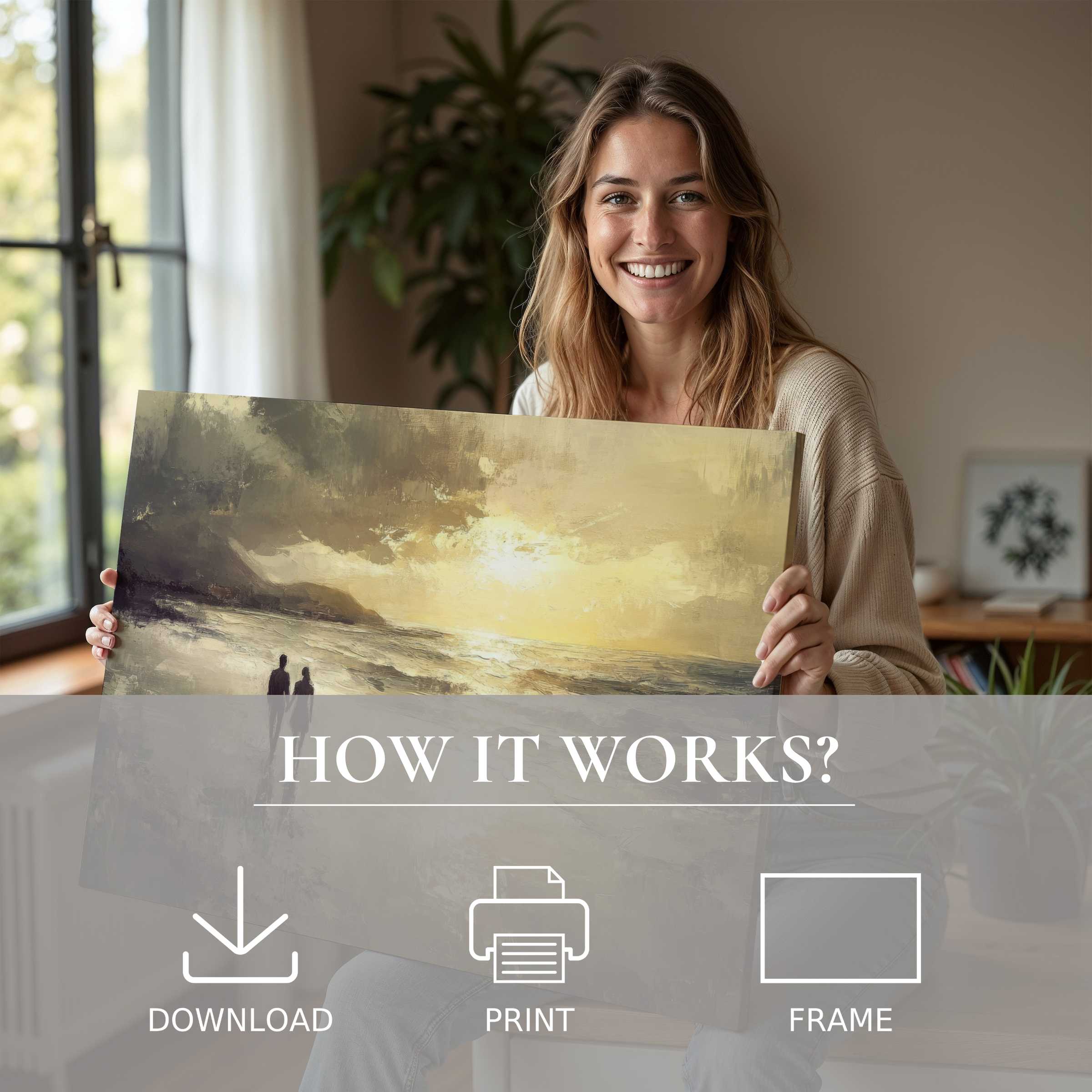 Young woman in a stylish home embraces a serene beach digital art print, embodying joy and effortless elegance