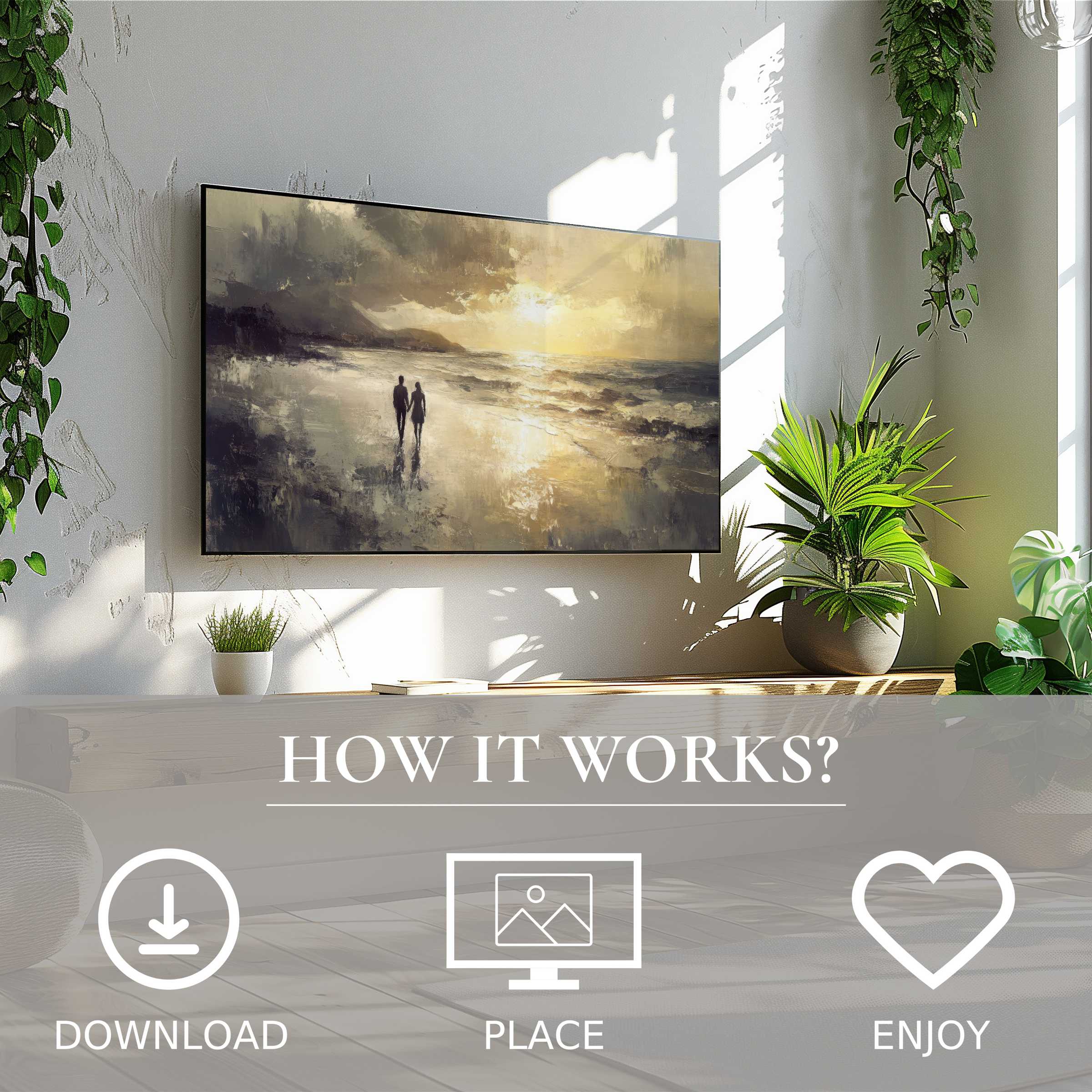 Modern living room with easy digital download beach art for Samsung TV, soft sunset tones enrich space beautifully