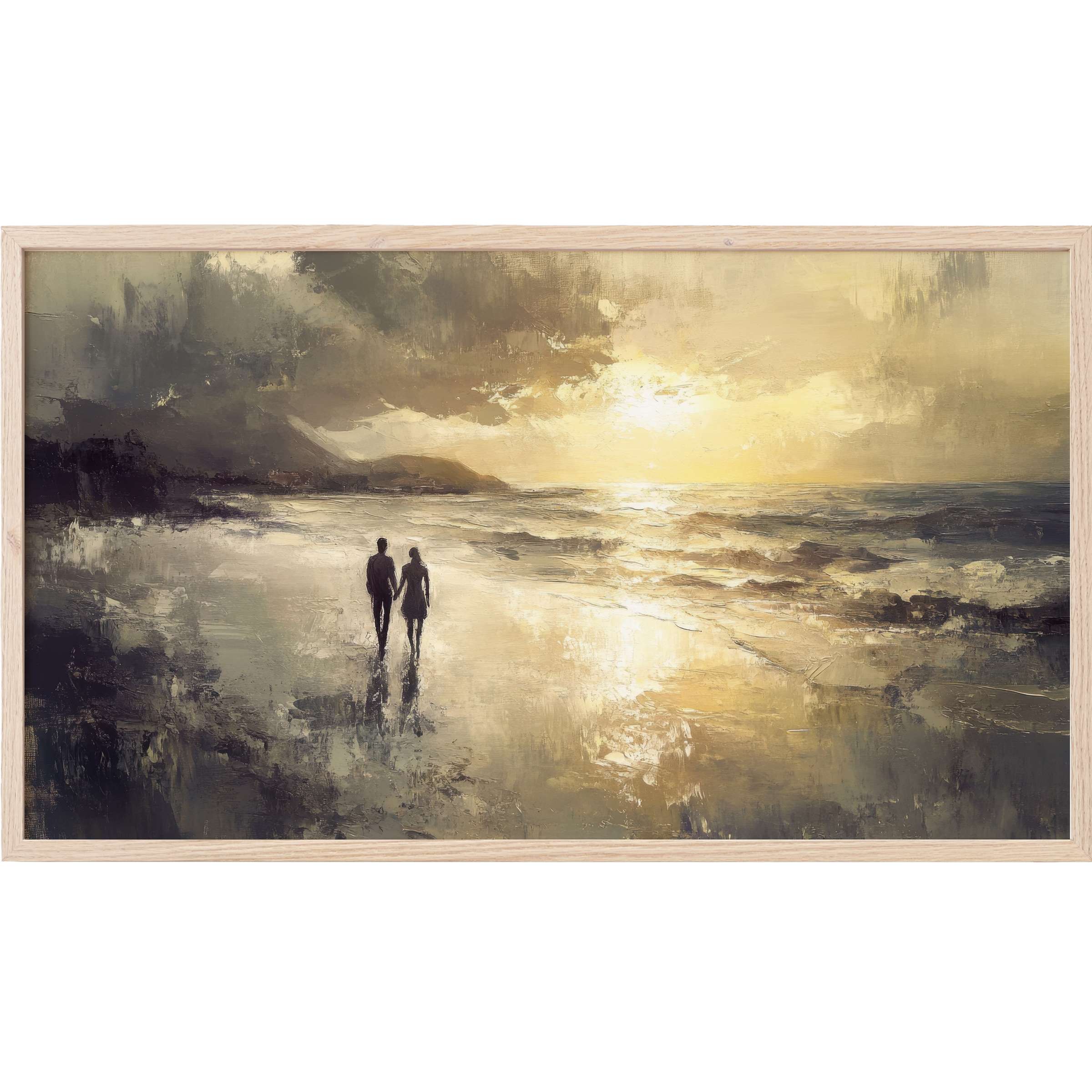 Romantic couple walking on a muted golden beach at sunset, textured and serene beach Frame TV Art