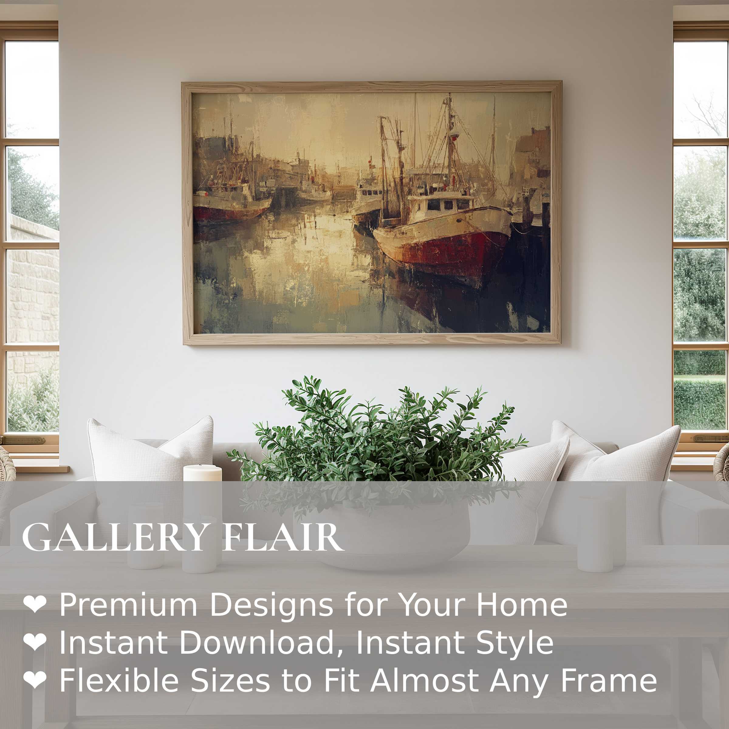 Coastal wall art print with radiant harbor scene in warm hues, enhancing serene modern farmhouse interiors with timeless maritime charm