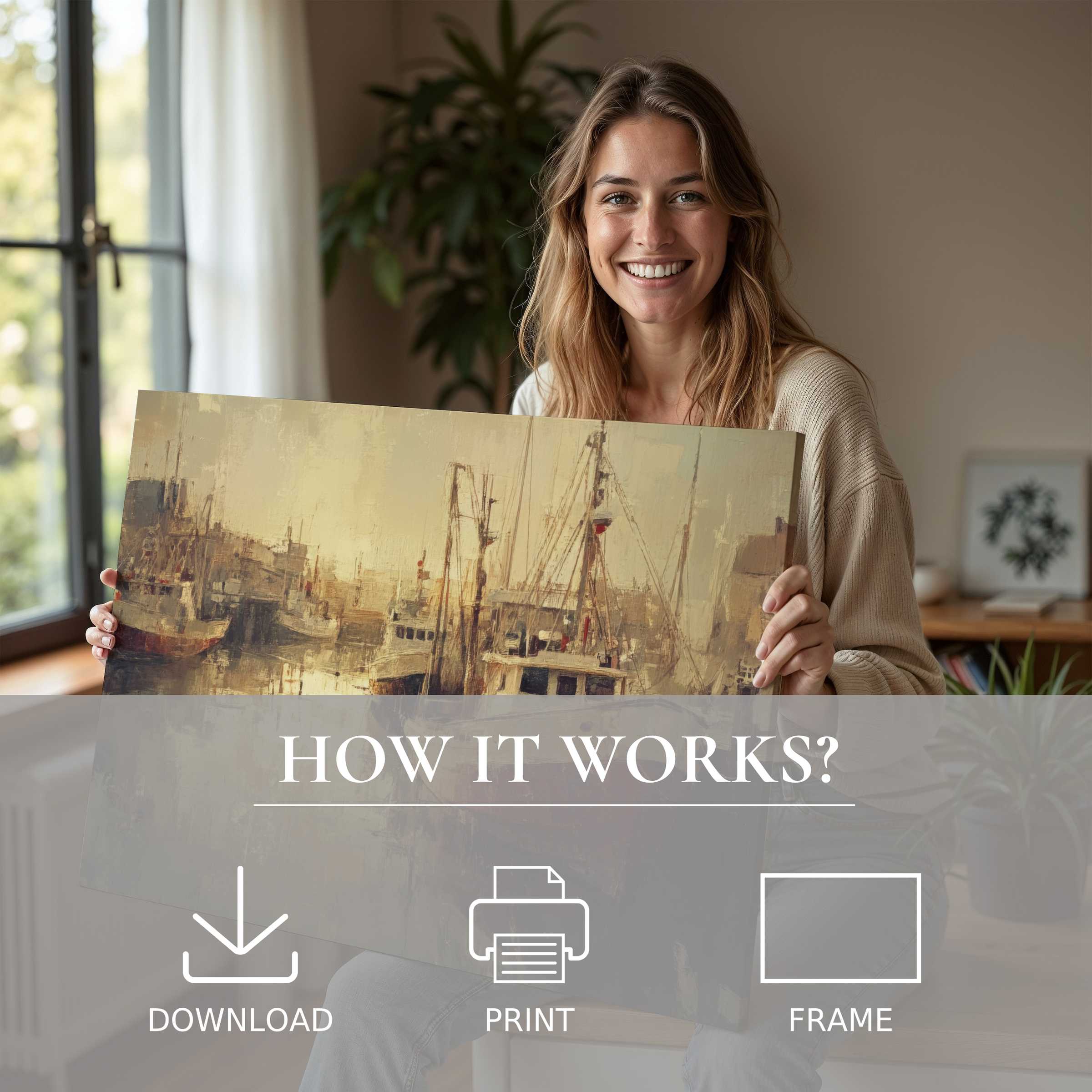 Radiant woman in a modern home embraces a coastal digital art print, evoking serene joy and effortless elegance in living with art