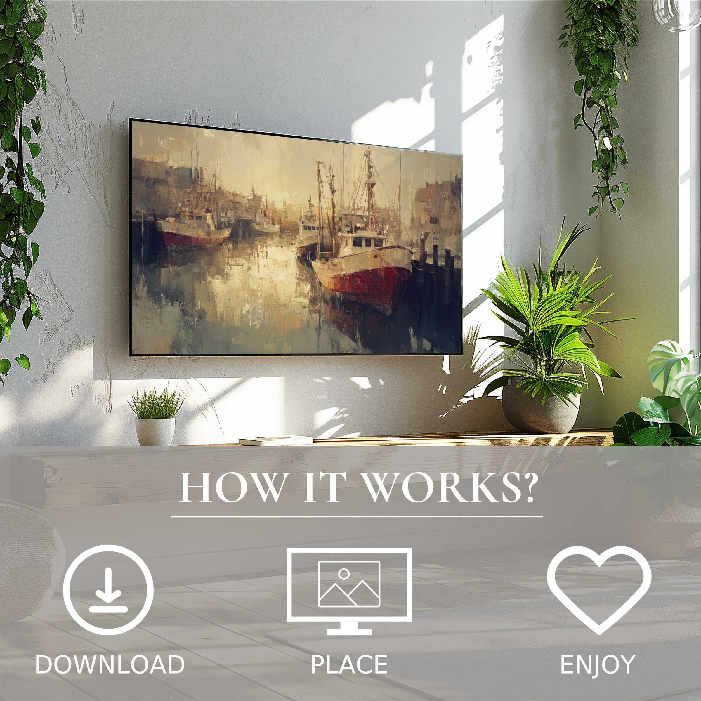 Coastal art for Samsung TV: easy digital download with soft sunset tones enriching modern living spaces