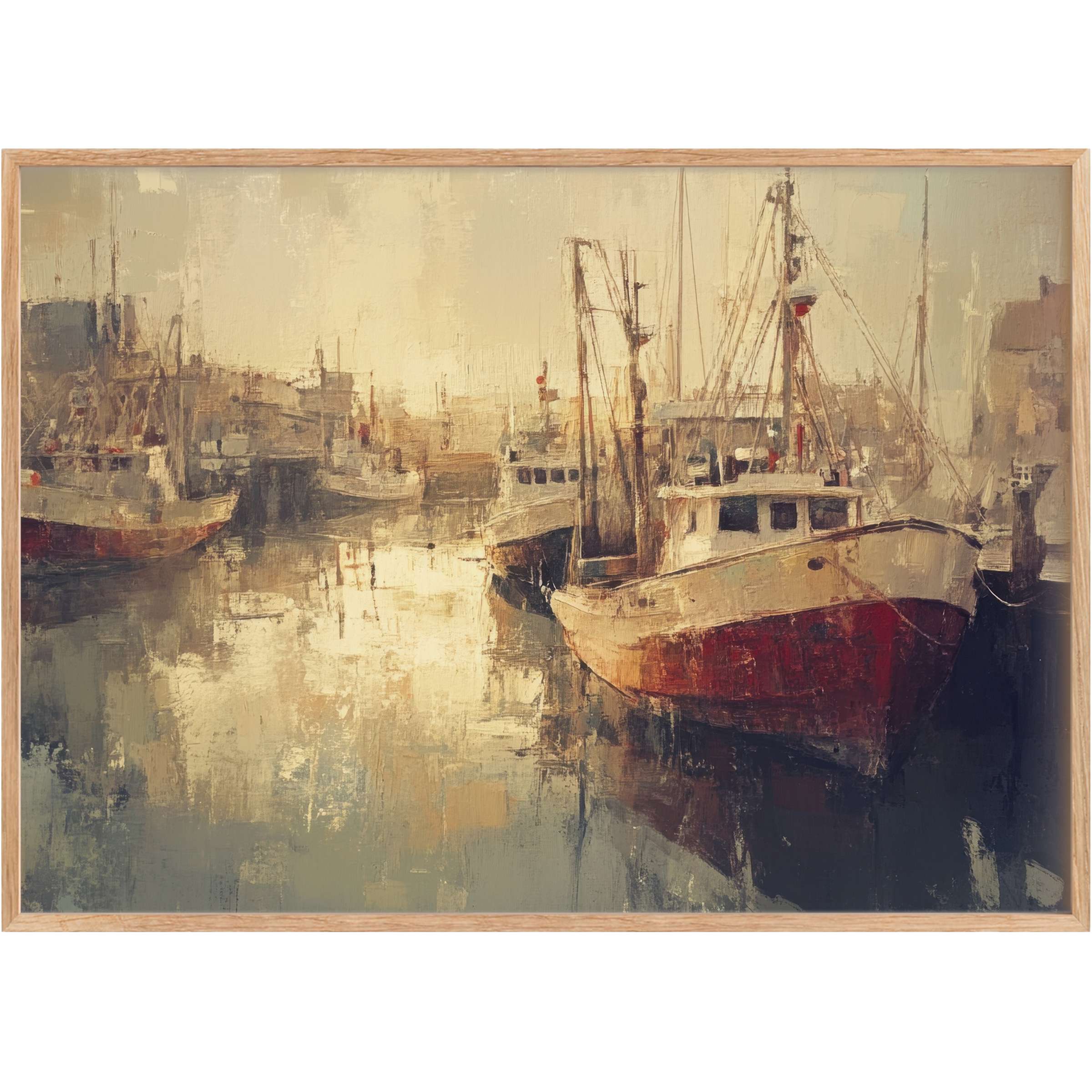 Coastal printable wall art capturing serene harbor boats at dusk with warm beige and deep crimson tones, evoking tranquil elegance