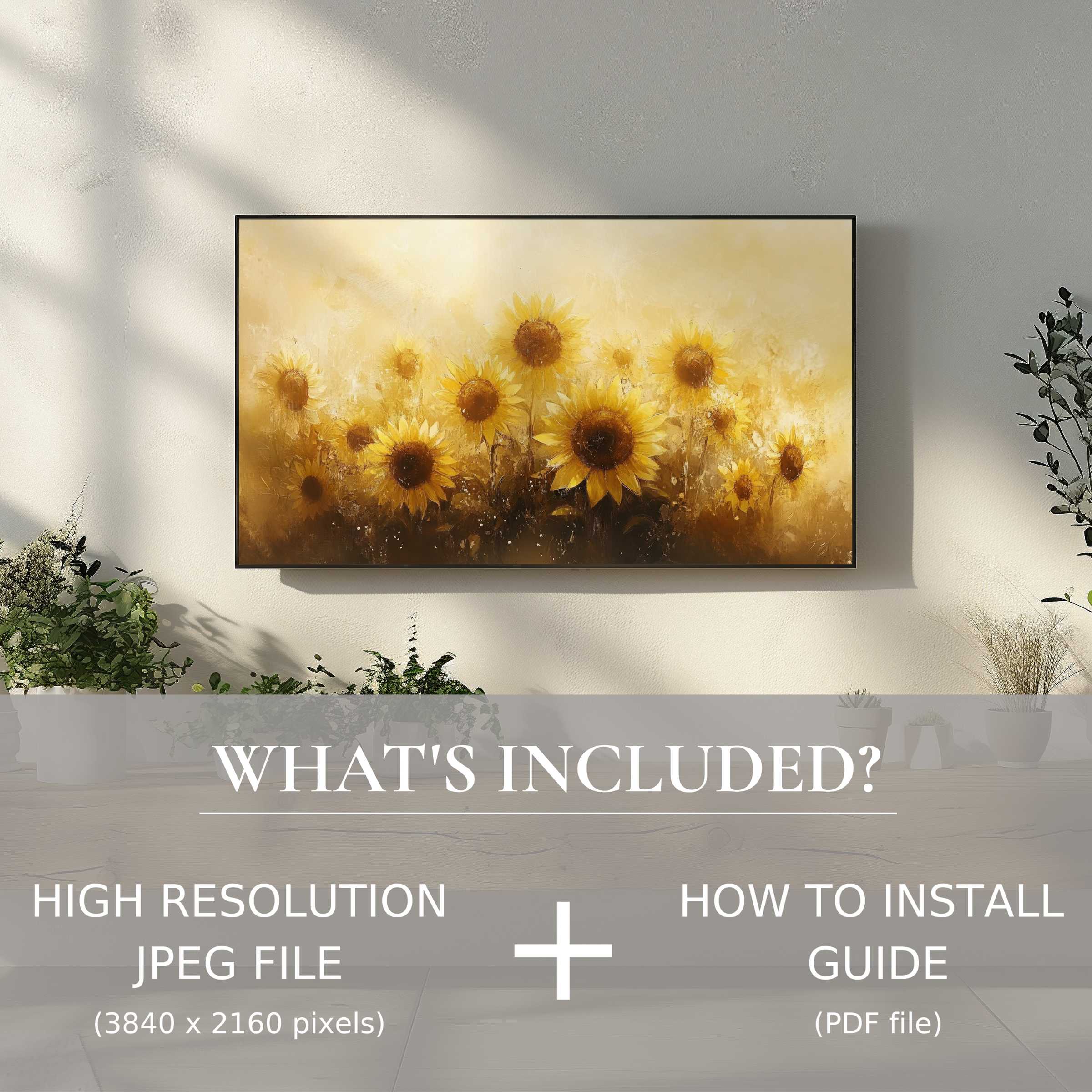 Elegant summer digital TV art download with sunflowers, easy digital use enhances stylish, modern living spaces