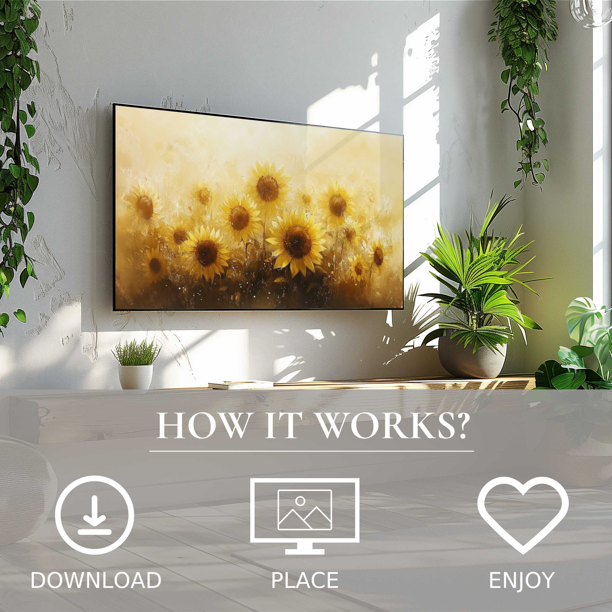 Summer art for Samsung TV shows warm sunflower motif with soft light tones, easy digital download enhances modern living spaces
