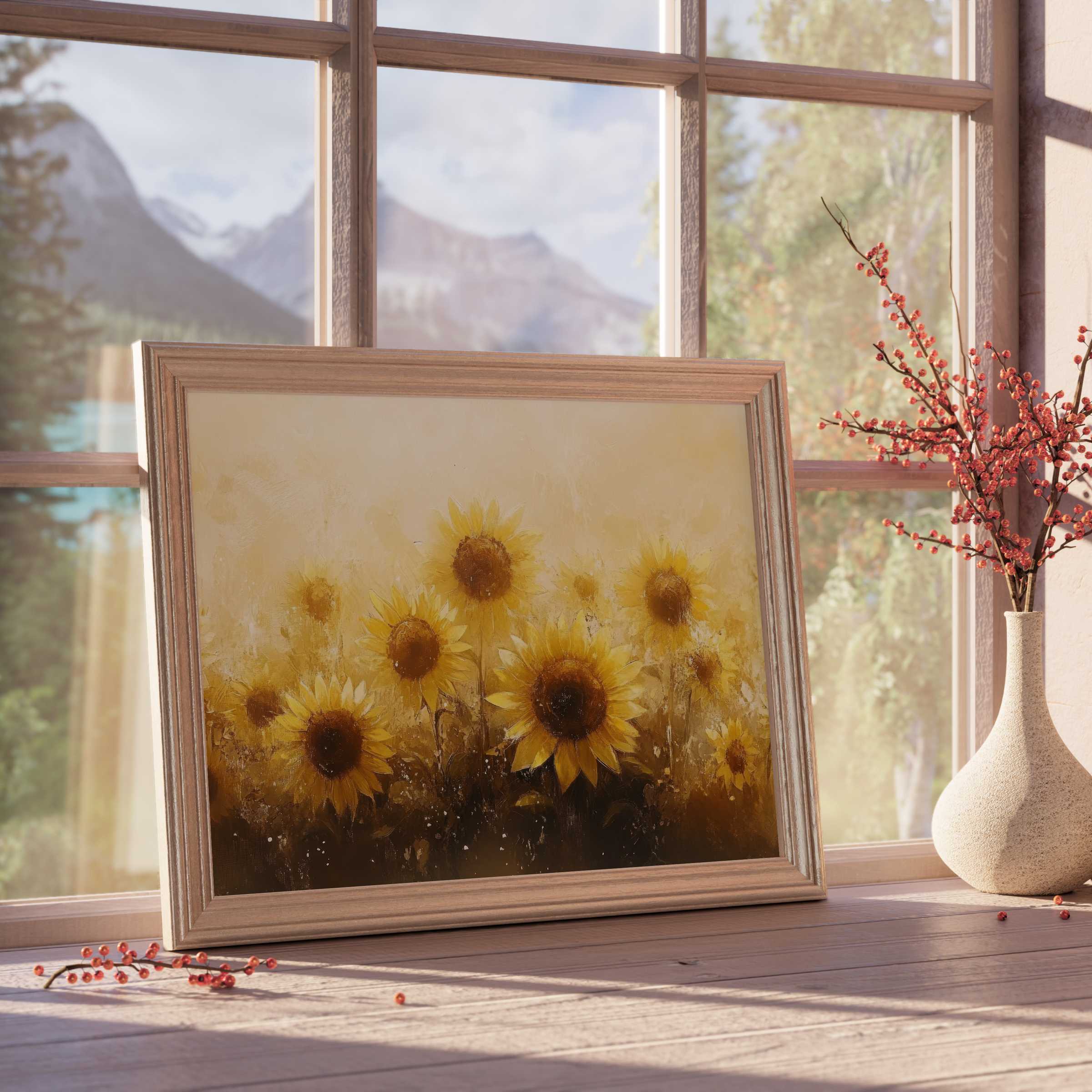 Sun-kissed summer downloadable art of radiant sunflowers, infusing tranquil elegance and warmth into curated, design-forward interiors