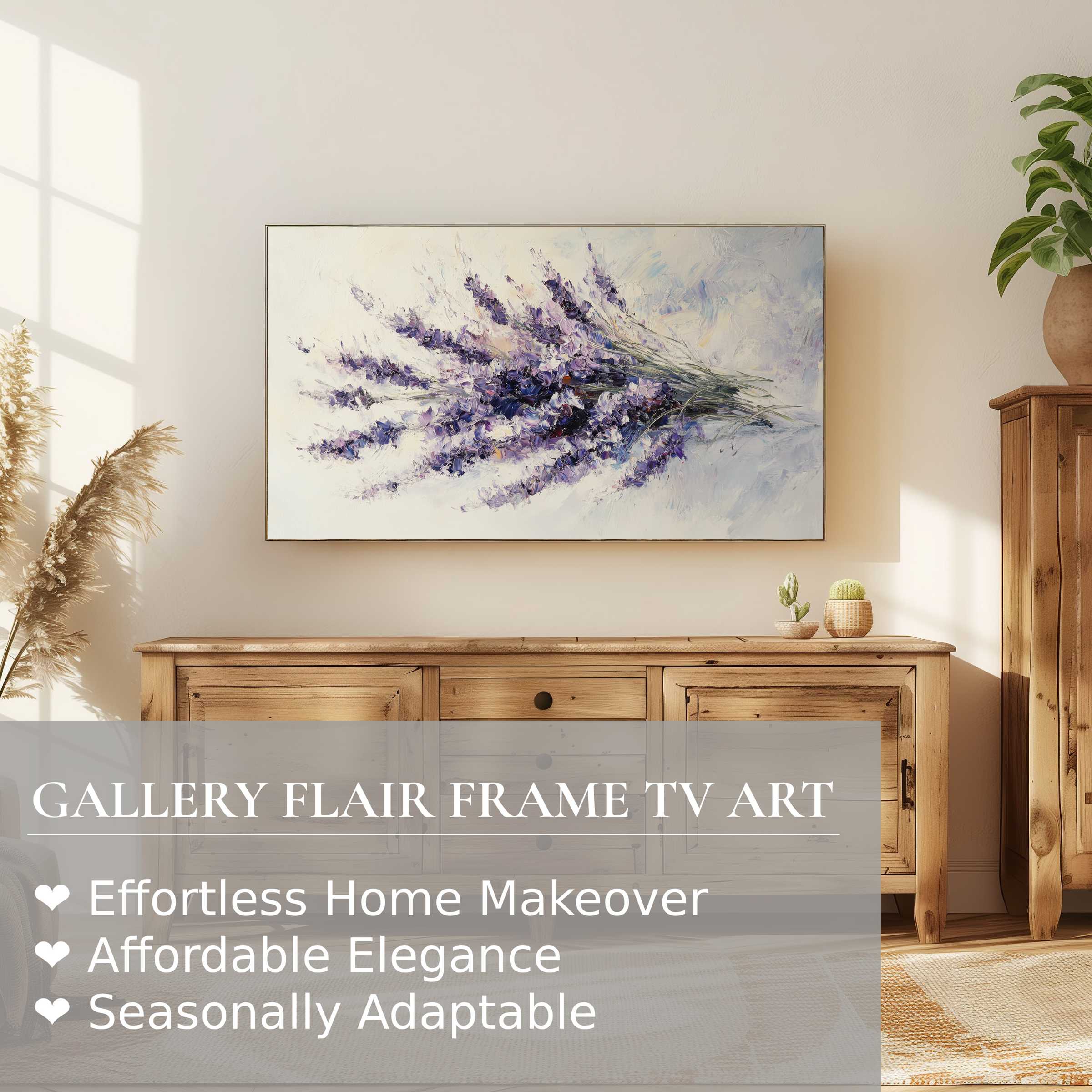 Samsung Frame TV showcasing refined spring digital artwork in a sunlit, modern natural wood interior