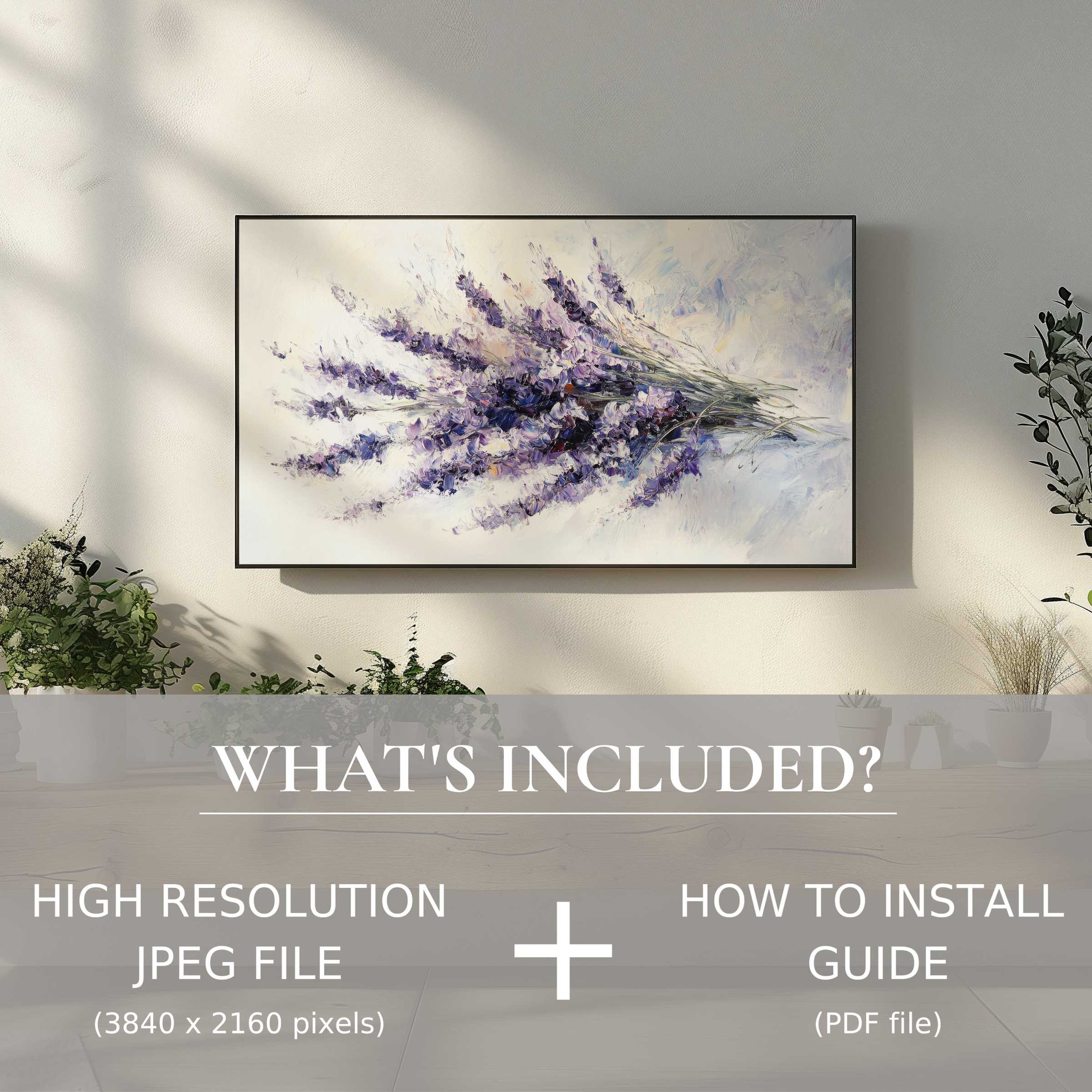 Elegant spring digital TV art download of lavender bouquet, easy to use, elevates modern living spaces with serene charm