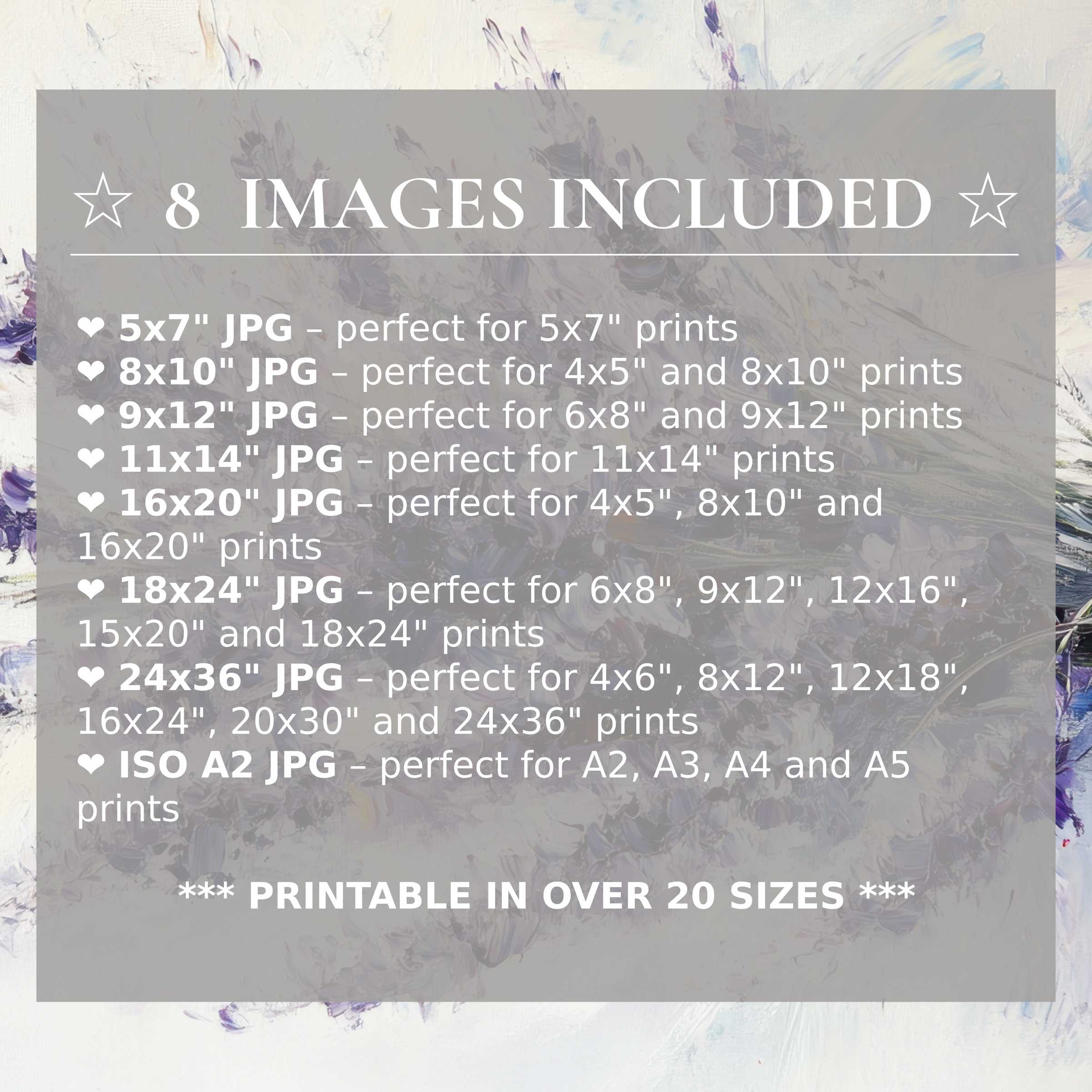 Radiant spring digital print in soft lavender and icy blue, elevating modern interiors with timeless beauty; includes 8 high-quality sizes