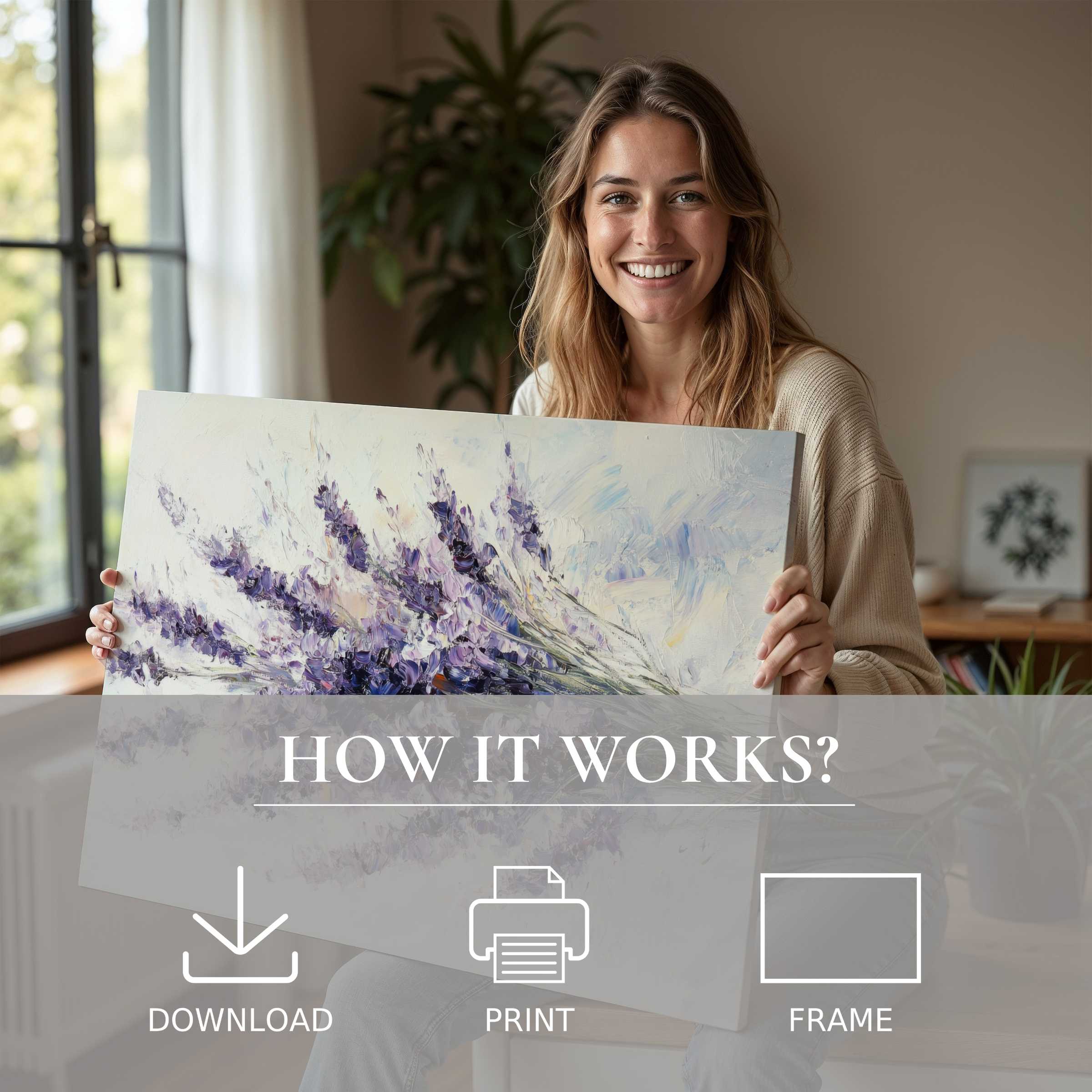 A radiant woman in a modern home radiates joy, embracing the effortless beauty of a spring digital art print