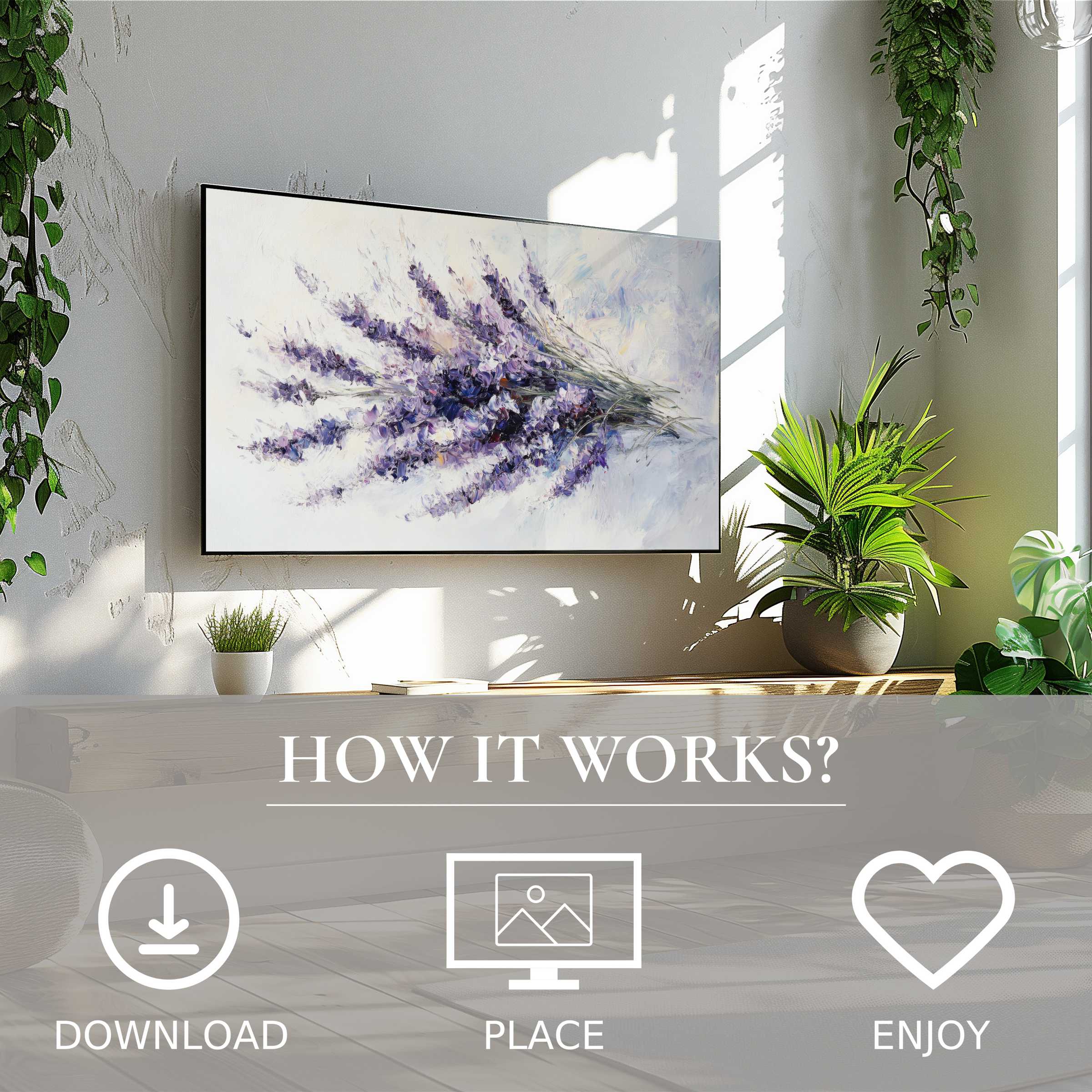 Spring art for Samsung TV featuring soft lavender tones; easy digital download enhances modern living spaces