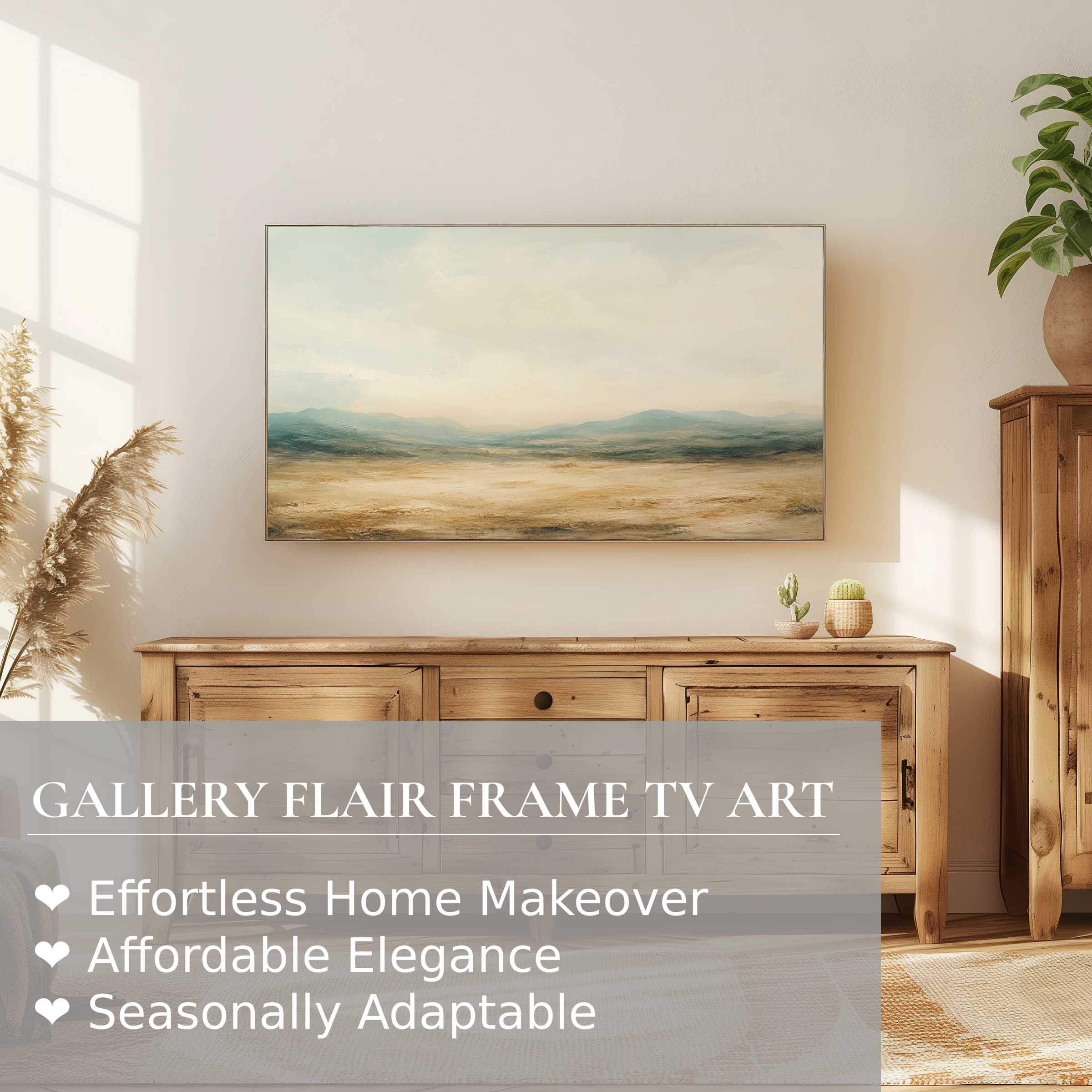 Samsung Frame TV displaying serene landscape digital artwork, blending modern elegance with natural, warm decor