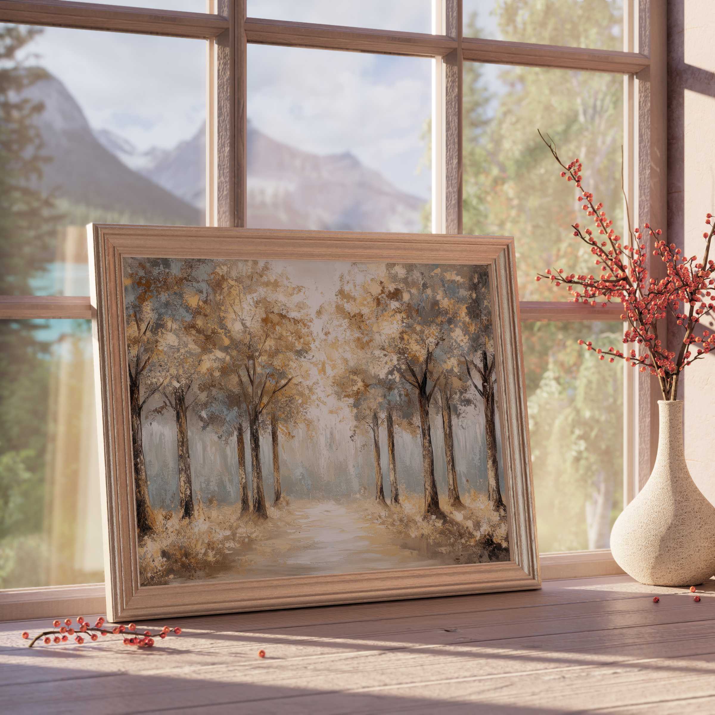 Vintage downloadable art capturing a serene tree-lined path in warm, muted tones for calm, curated interiors