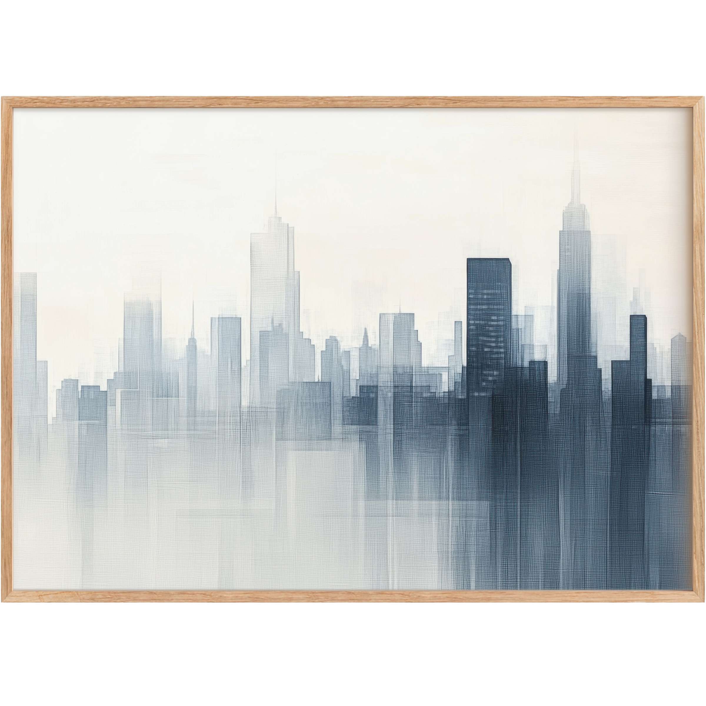 Minimalist printable wall art featuring a serene blue-gray cityscape, evoking calm sophistication and modern elegance