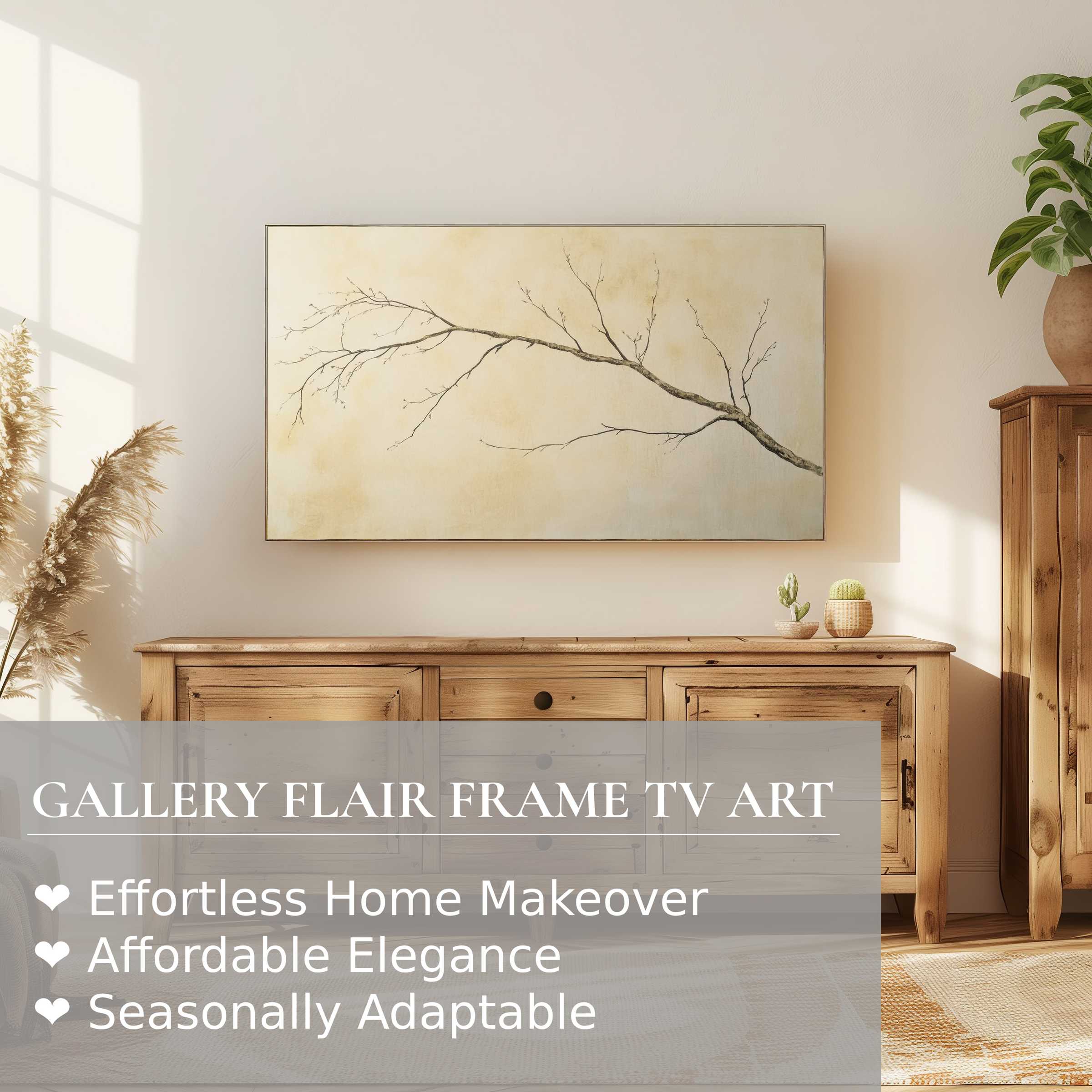 Samsung Frame TV showcasing neutral digital artwork of a minimalist branch in a warm, serene living space
