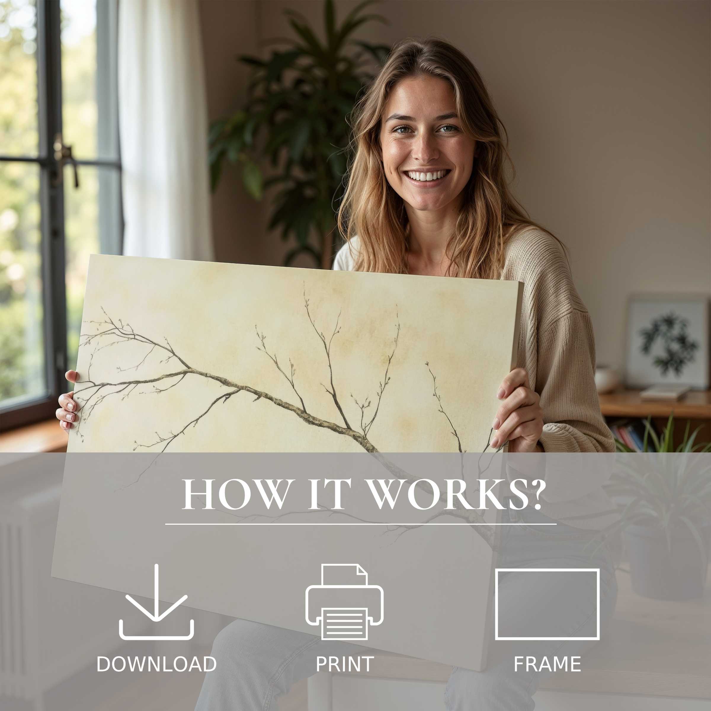 A serene moment of connection with a neutral digital art print’s delicate branch design, inspiring effortless elegance in modern living