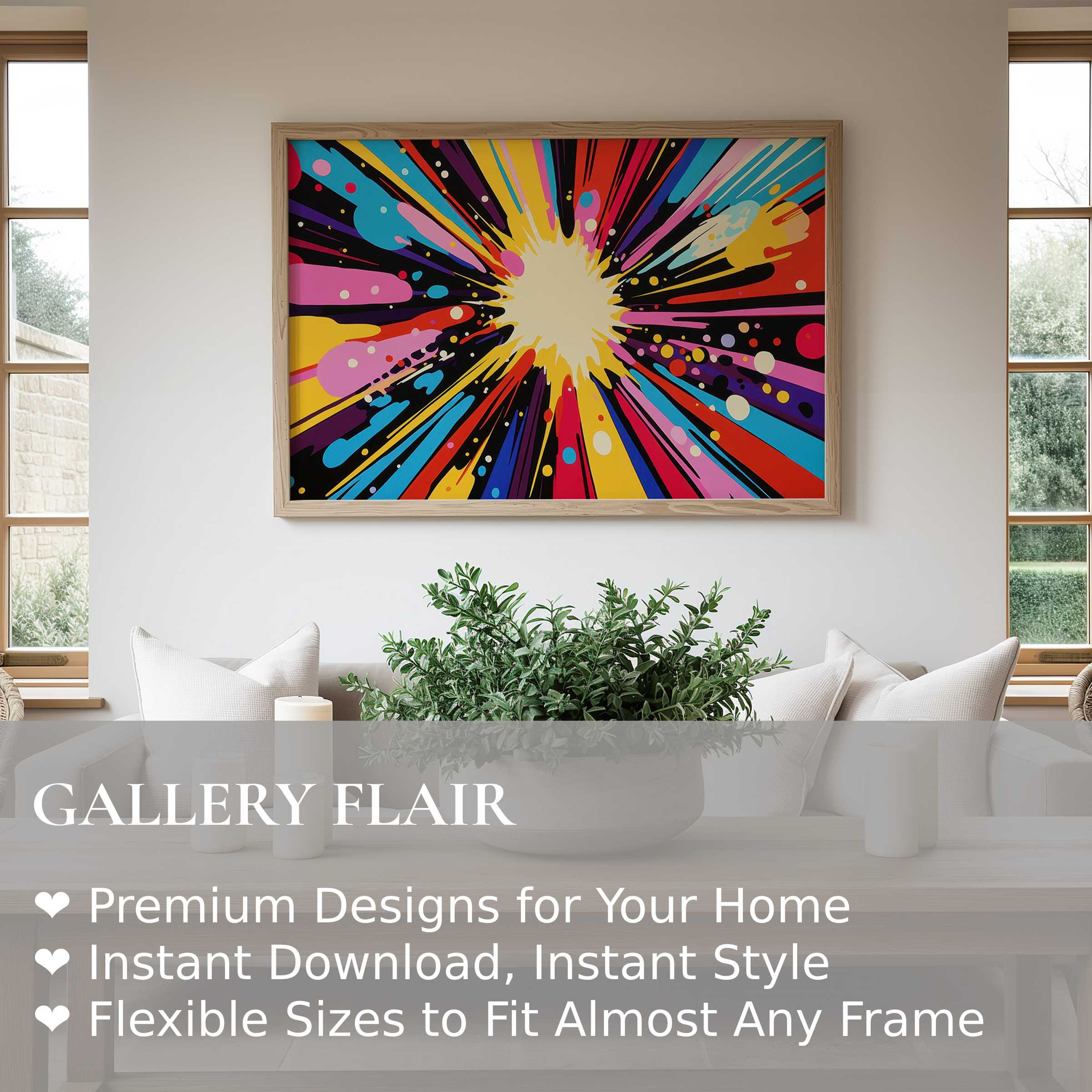 Vibrant pop art wall art print with an explosive burst of colors energizing a serene, modern living space with bold, dynamic flair