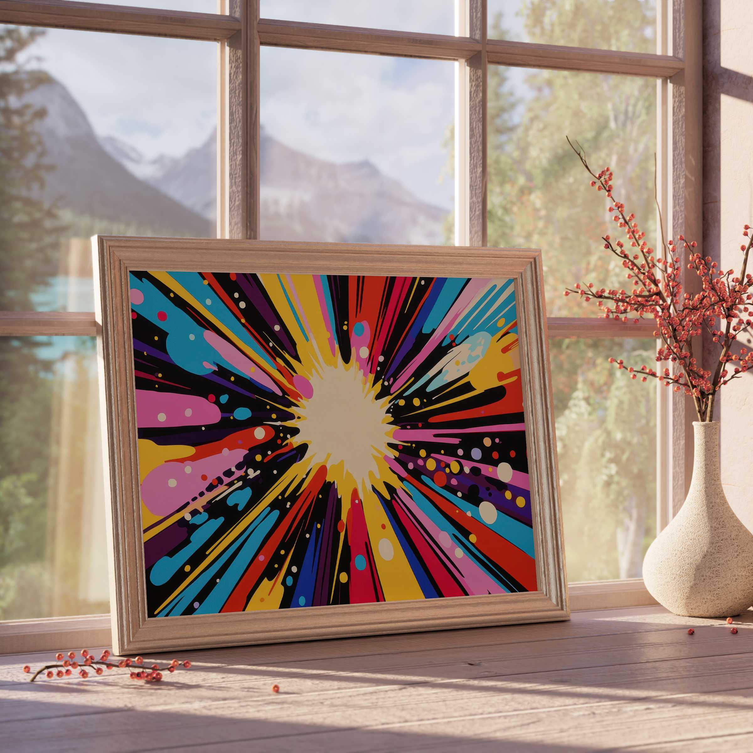 Vibrant pop art downloadable art radiates dynamic energy, transforming curated interiors with bold color bursts and modern design flair