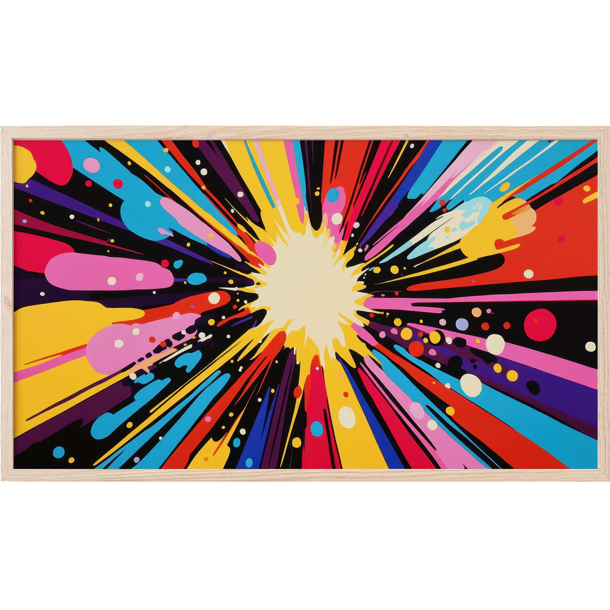 Vibrant explosion of bold pink, yellow, blue, and black shapes in dynamic pop art Frame TV Art style