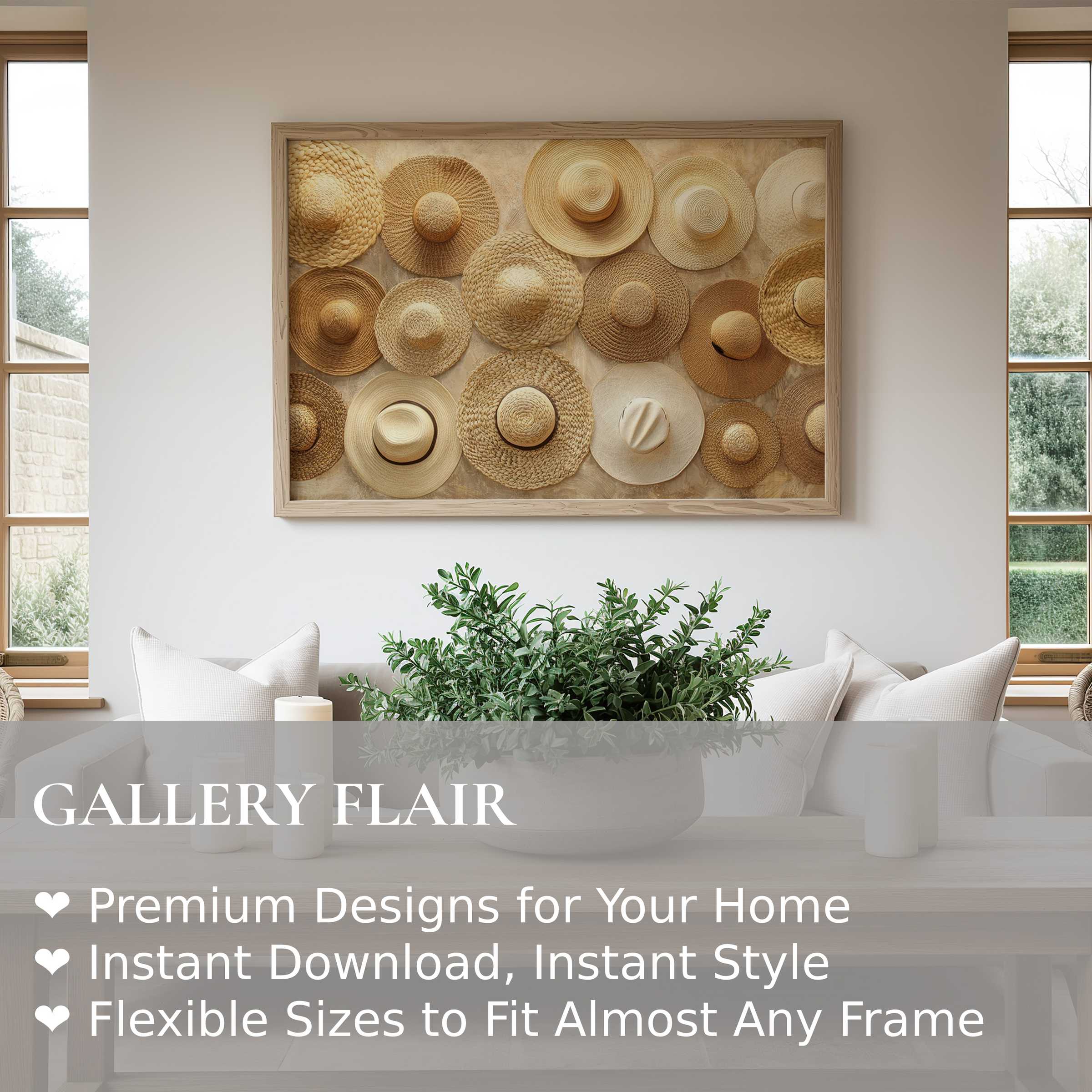 Boho wall art print featuring textured straw hats in warm neutrals, elevating serene modern farmhouse interiors with natural elegance and charm