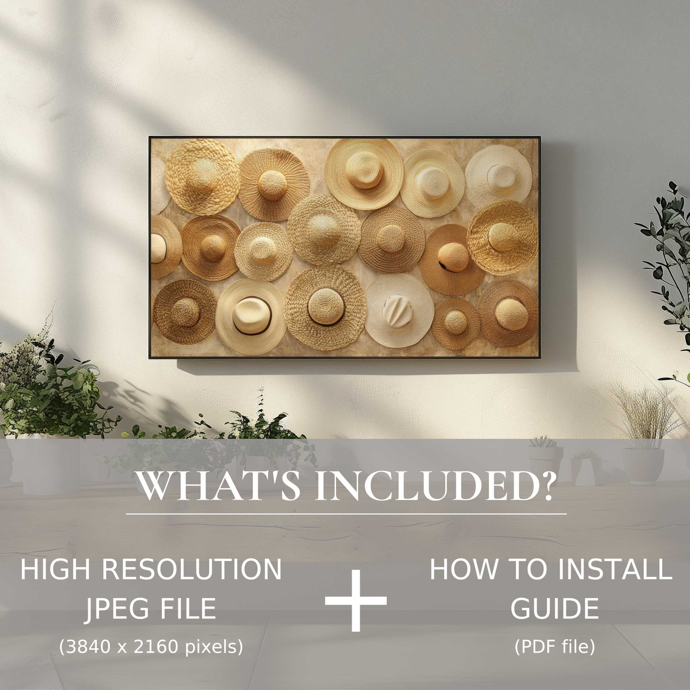 Elegant boho digital TV art download featuring warm straw hats, easy to use and elevating chic living spaces