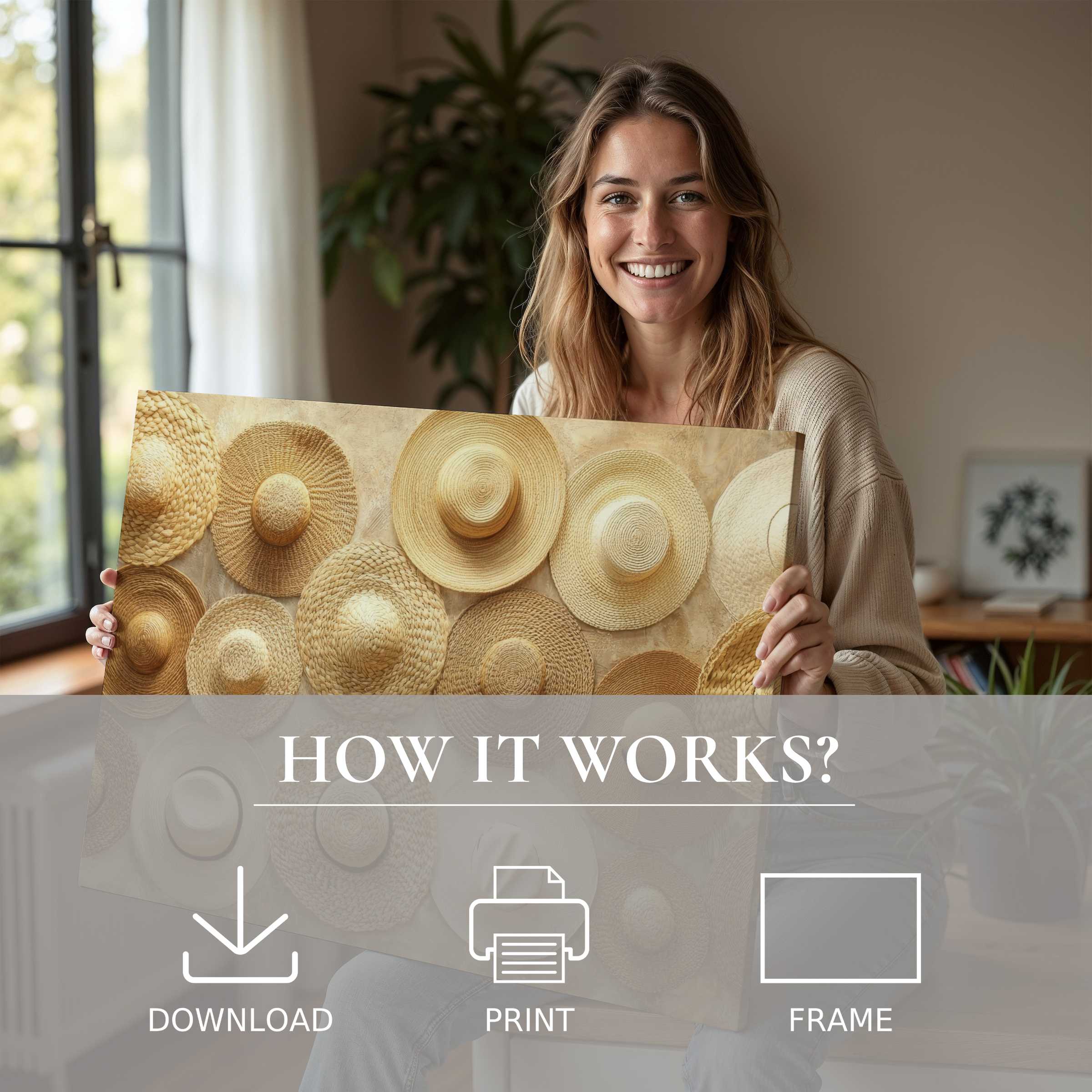 Sunlit moment of joy embracing boho digital art print, harmonizing modern living with effortless style and warmth