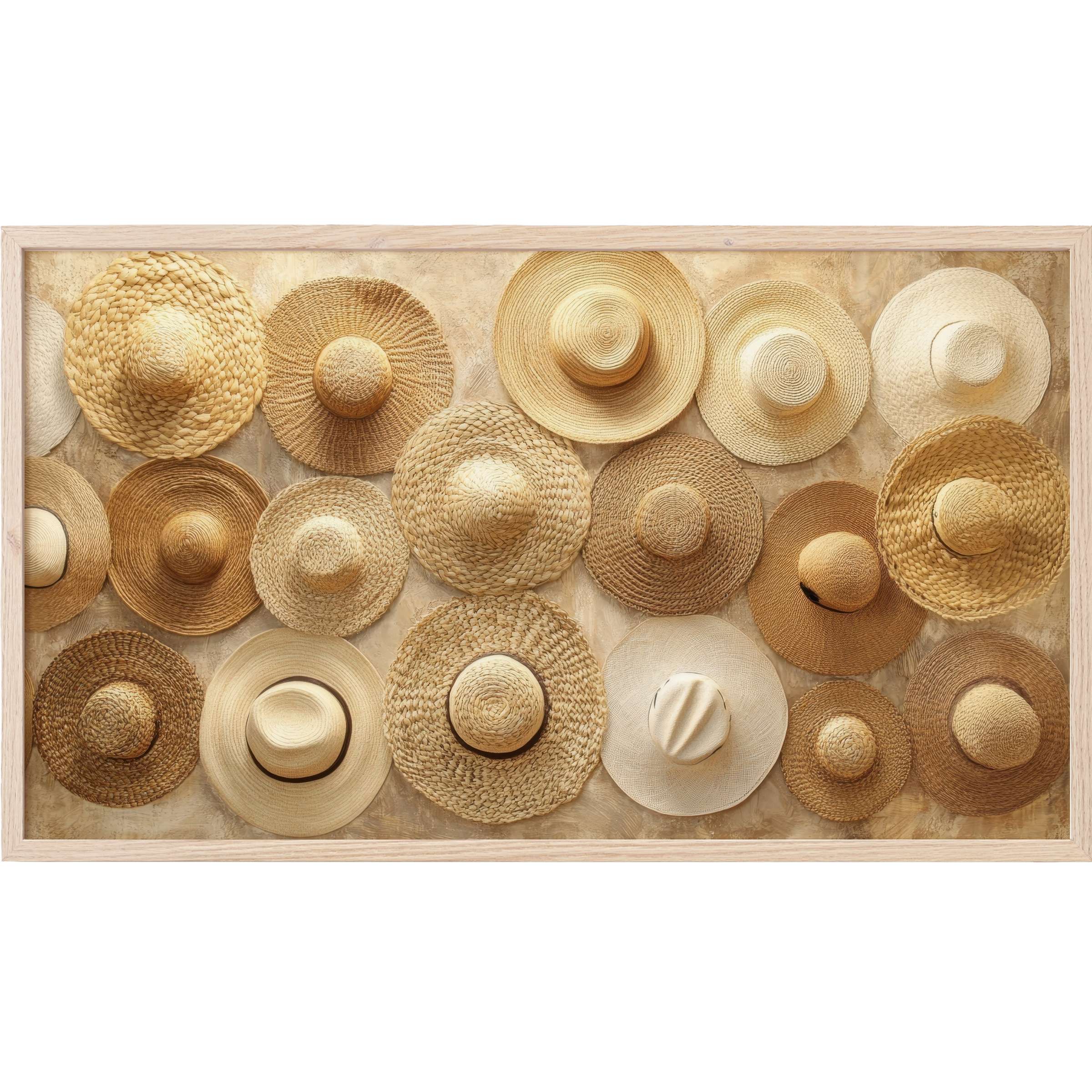 Boho Frame TV Art with textured straw hats in warm beige and tan tones, creating a natural, earthy ambiance