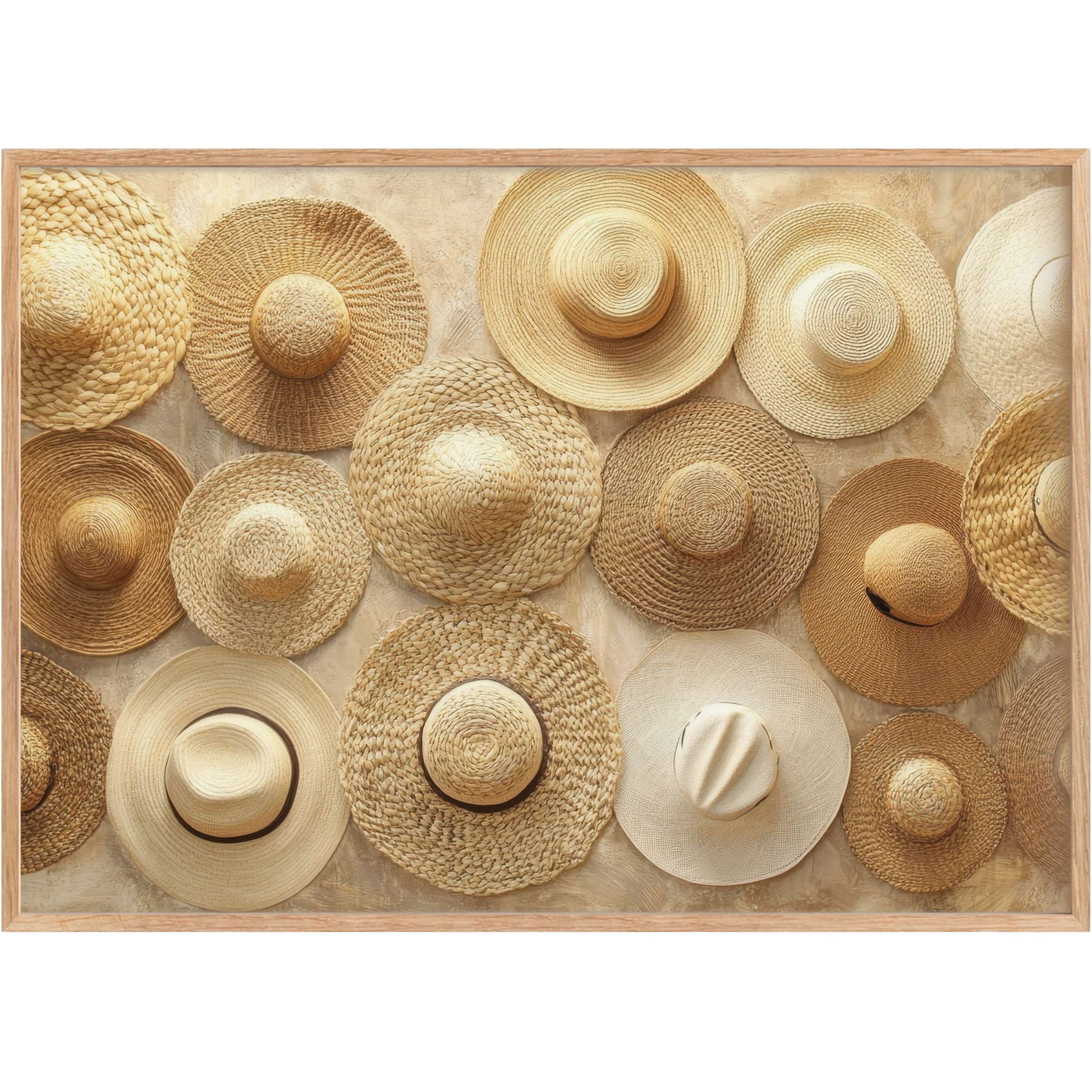 Boho printable wall art featuring sun-kissed woven hats in warm beige tones, evoking a serene, earthy ambiance for chic interiors