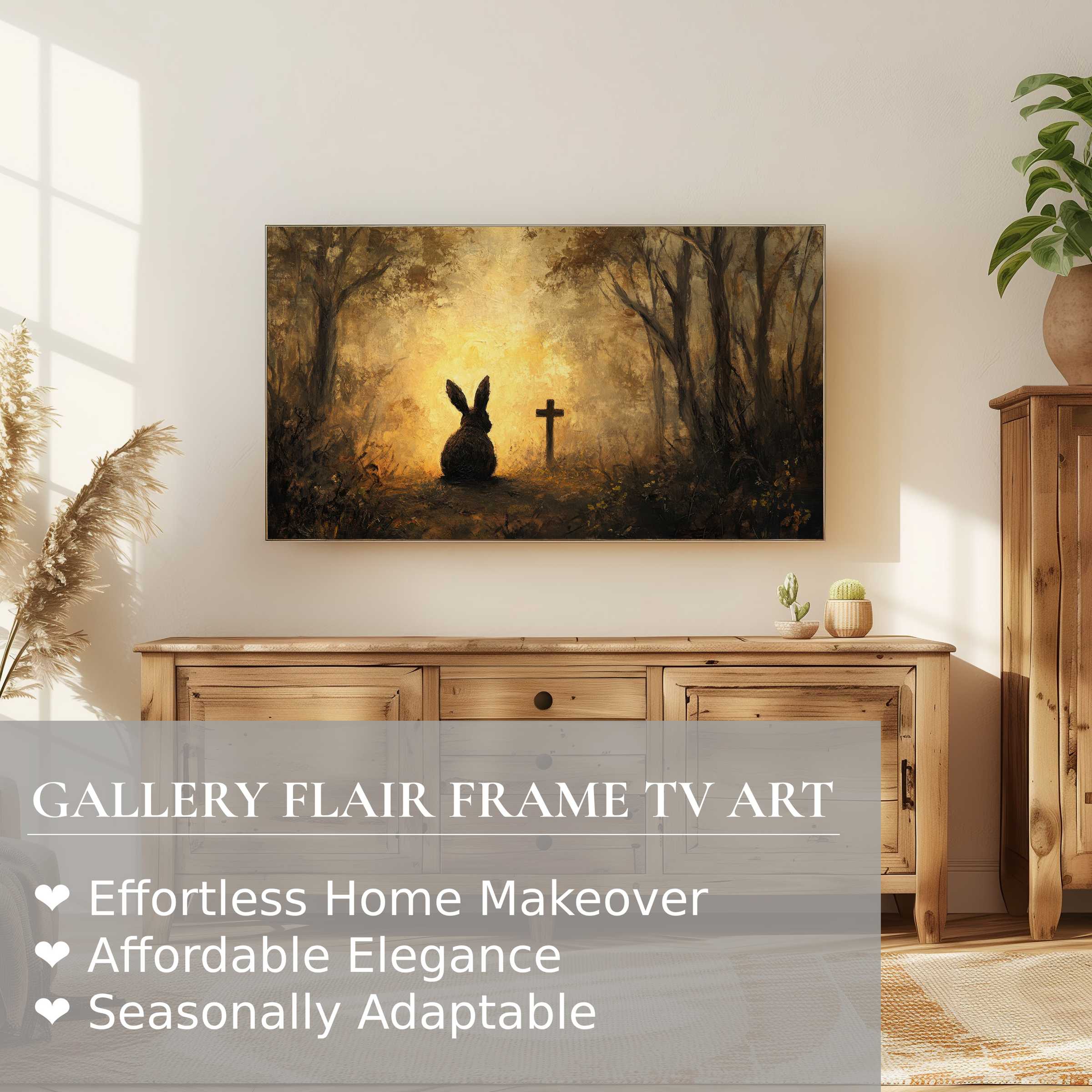 Samsung Frame TV displays moody easter digital artwork with warm tones in a serene, minimalist living space