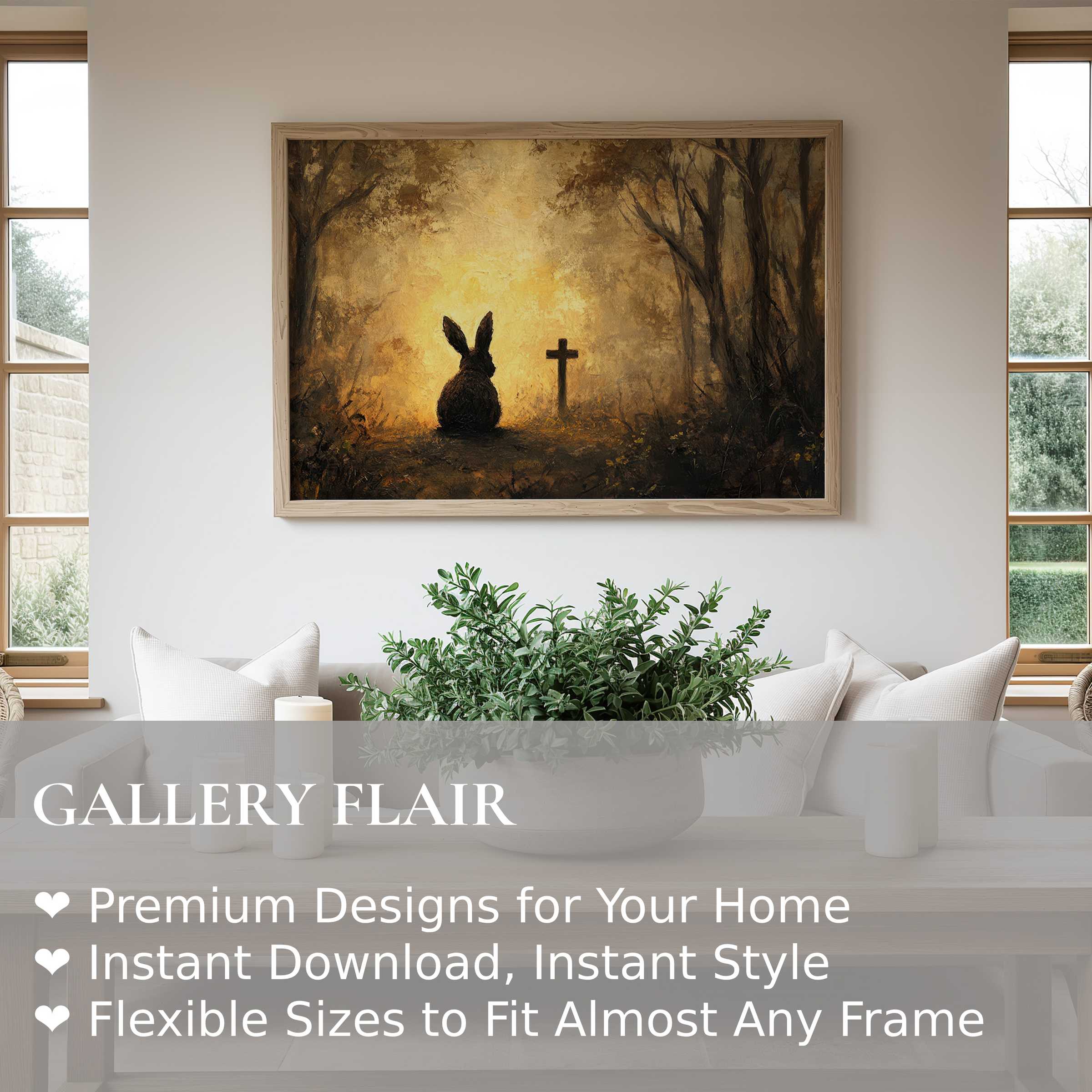 Easter wall art print featuring a radiant, contemplative bunny silhouette by a cross, enhancing serene modern farmhouse interiors with warm, spiritual charm