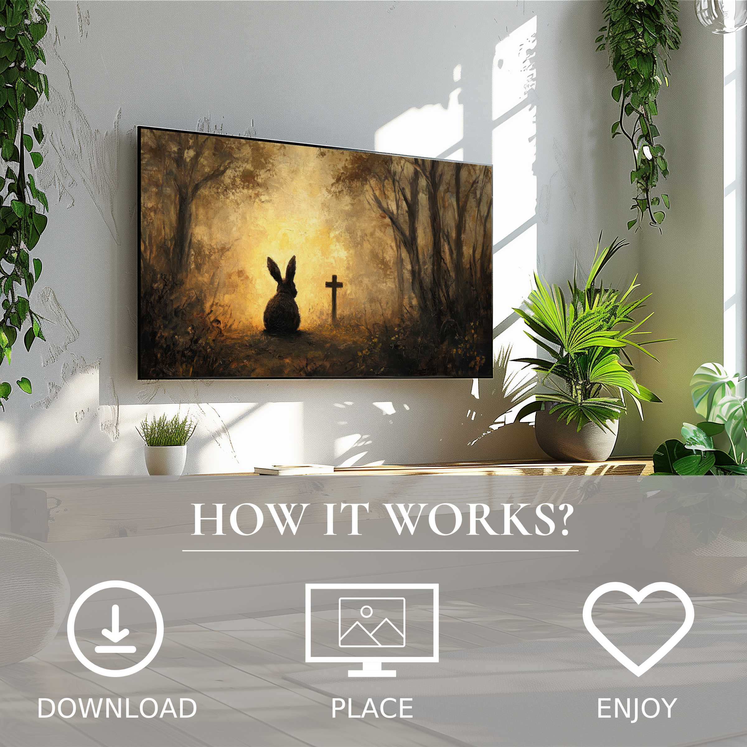 Modern living room with warm easter art for Samsung TV showing soft sunset tones, easy digital download enriches space