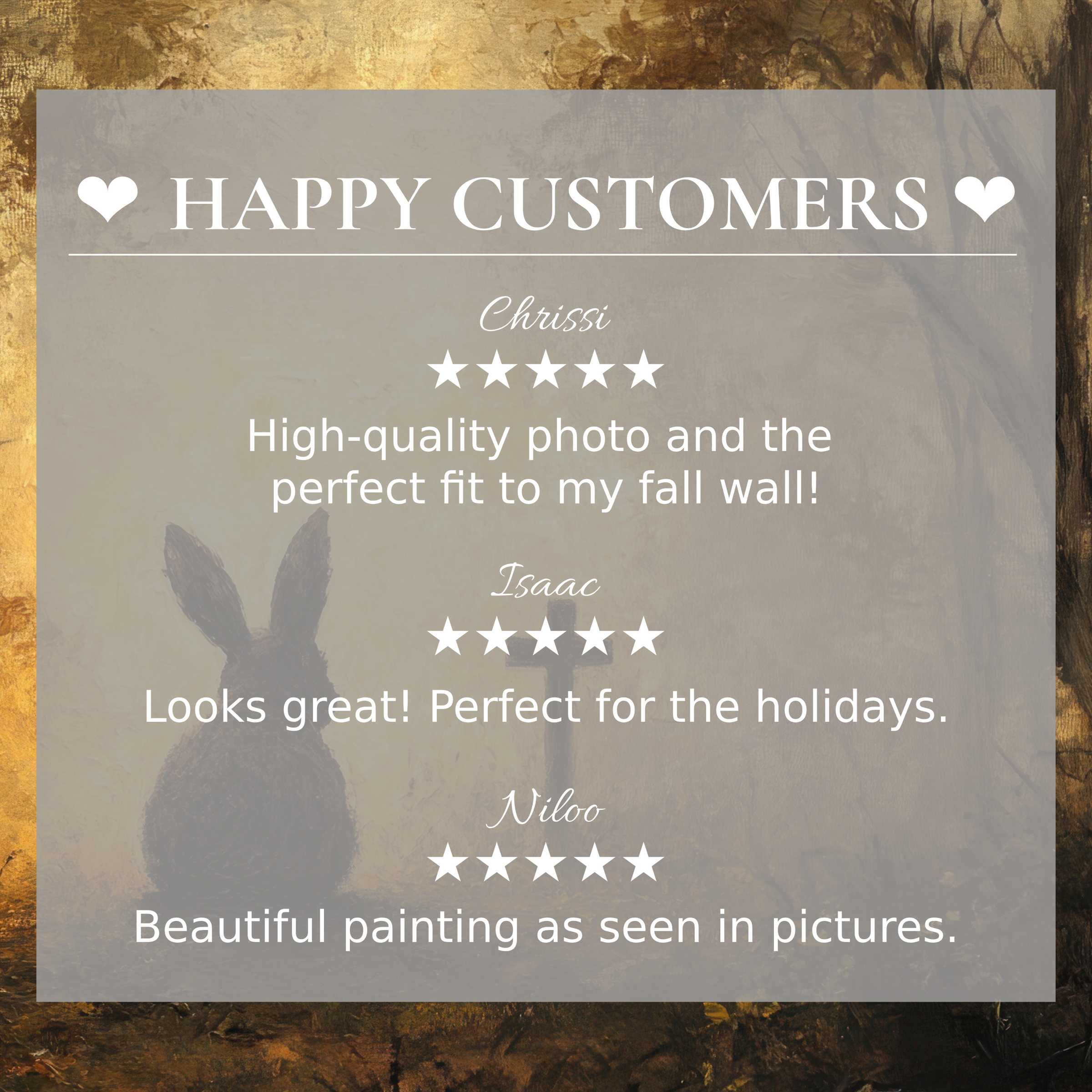 Elegant easter art for Frame TV with abstract golden hues, featuring happy customer reviews that build trust