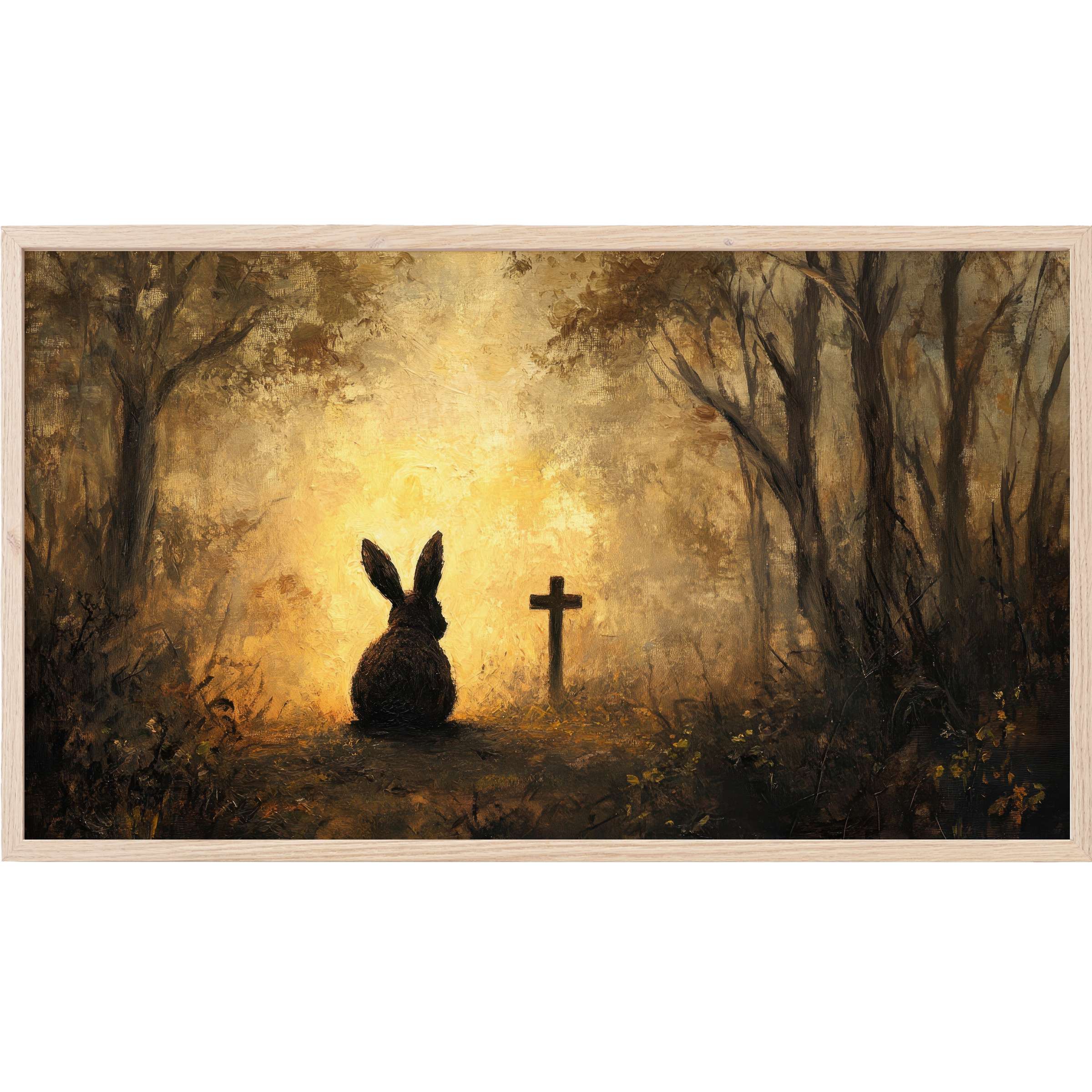 easter Frame TV Art depicting a silhouette of a rabbit by a cross in a warm, textured, moody forest scene