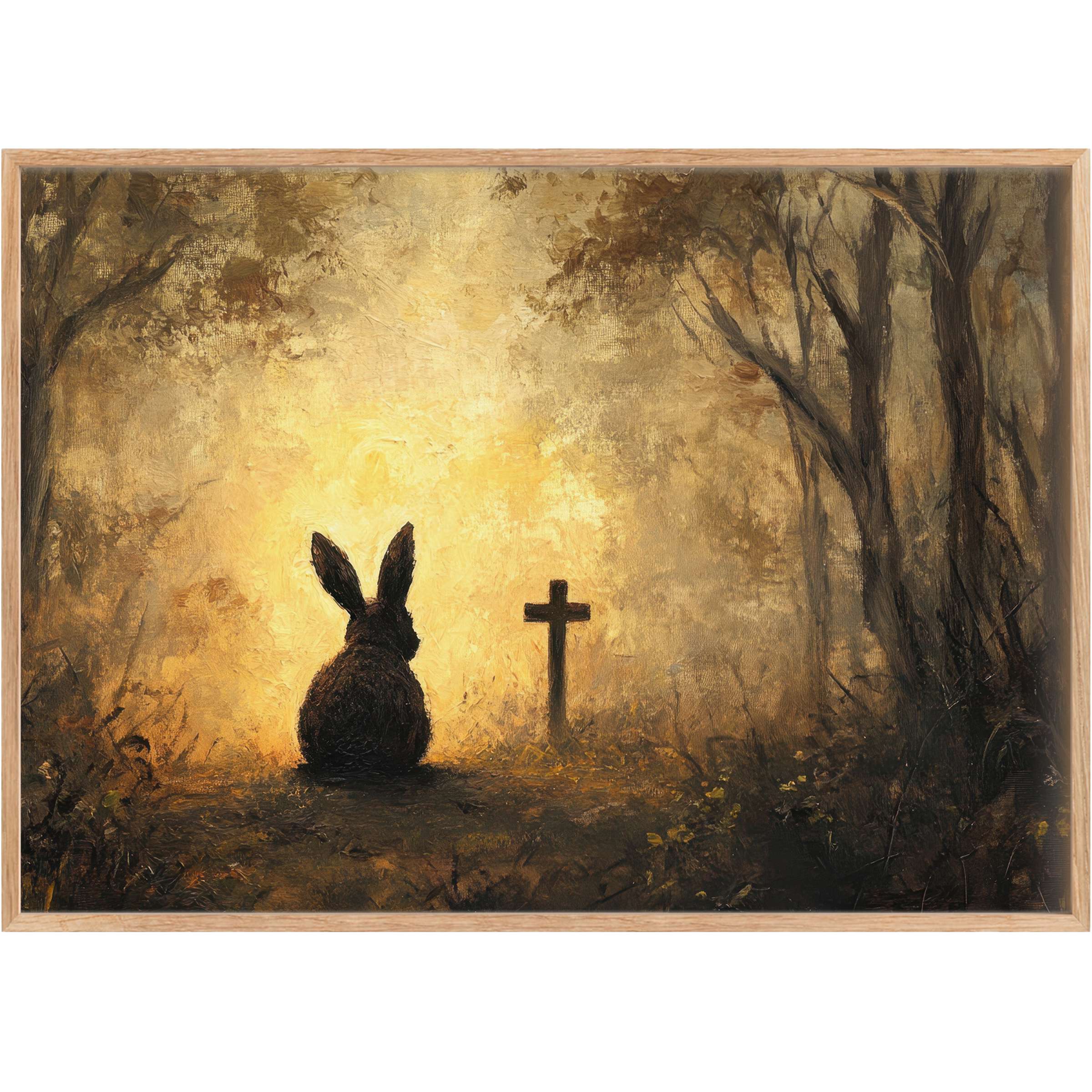 Easter printable wall art featuring a serene silhouette of a rabbit by a cross, bathed in golden light, evoking quiet reverence and warmth