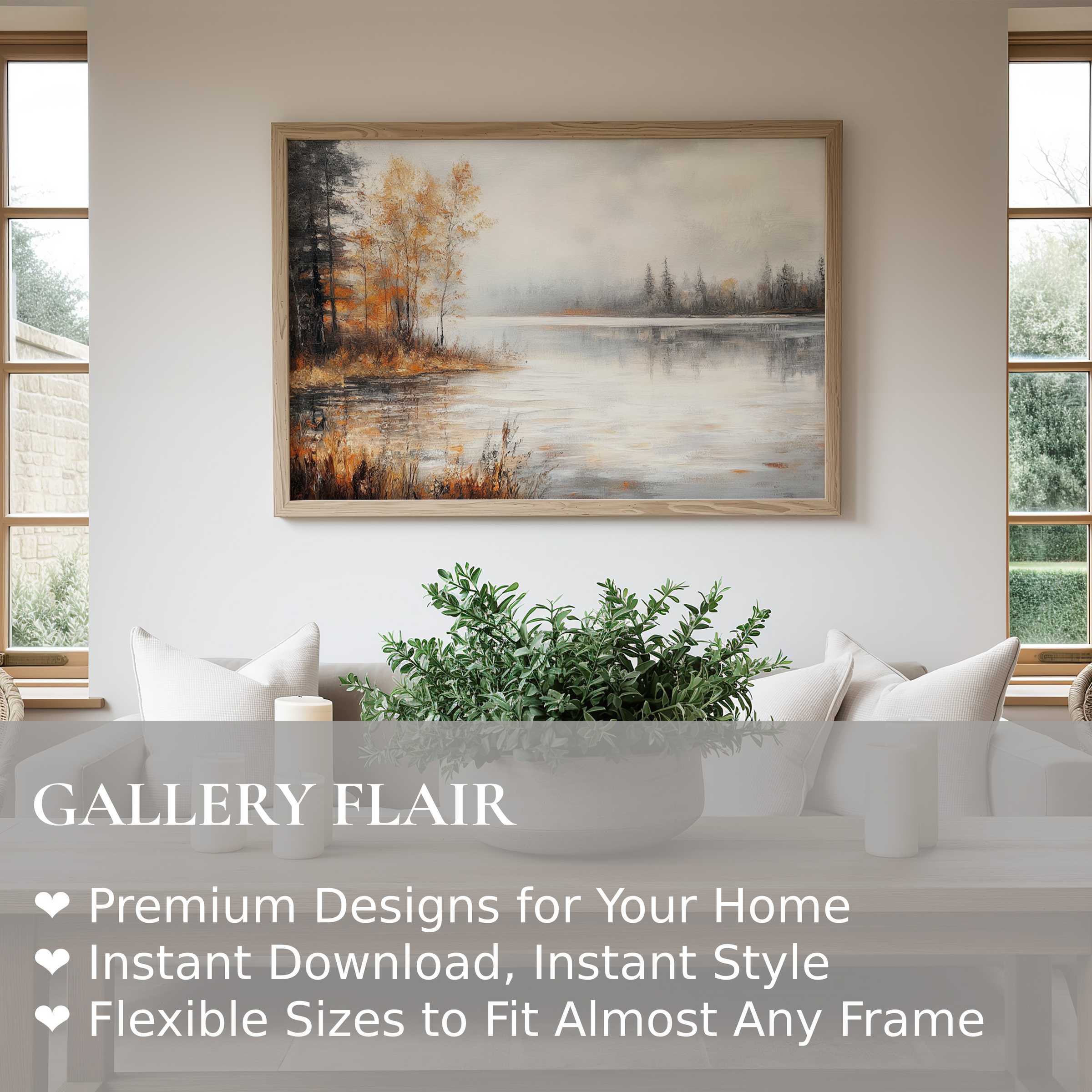Fall wall art print featuring a serene lakeside scene with soft mist and warm amber hues, enhancing modern minimalist interiors with calming, natural elegance