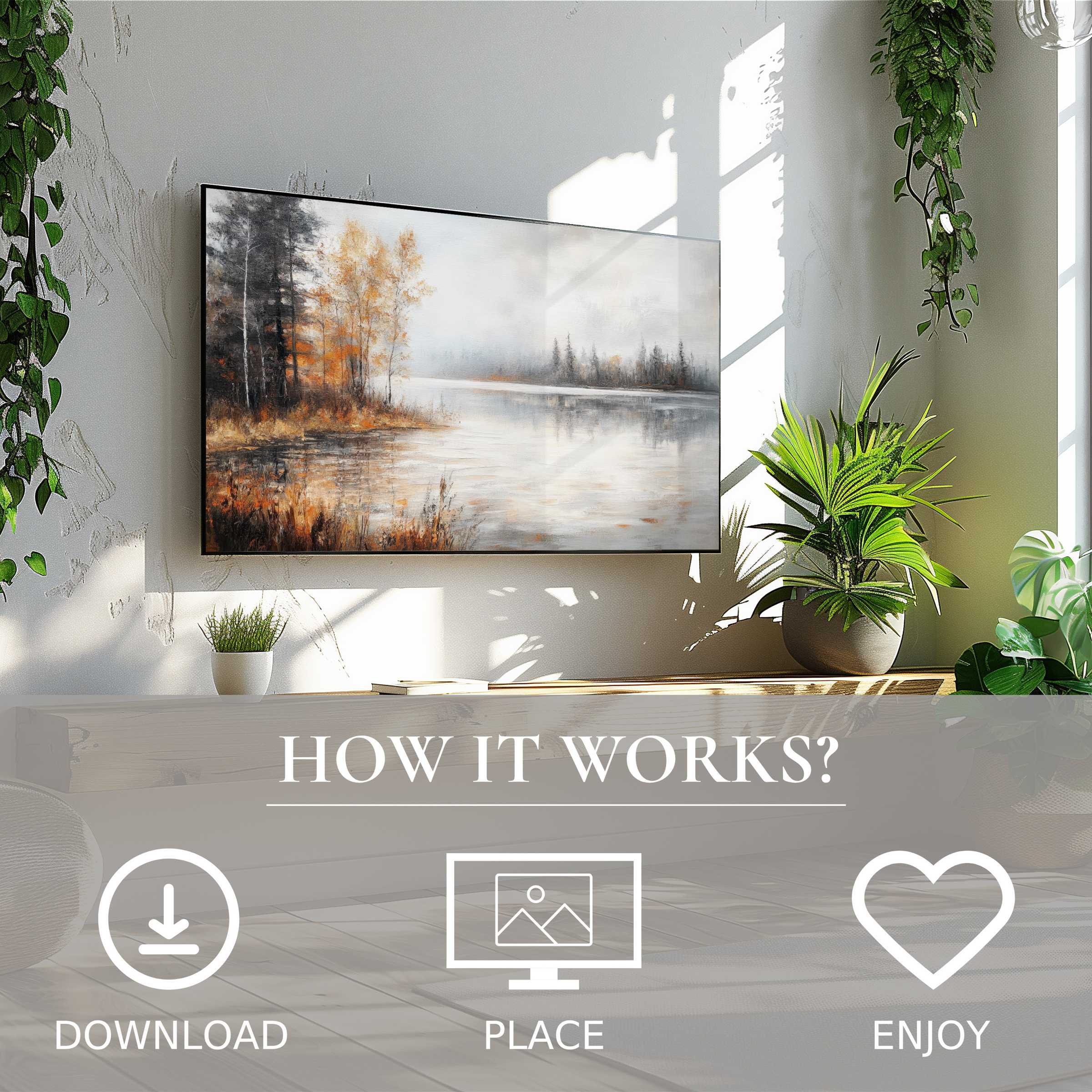 Fall art for Samsung TV with soft misty lake tones, easy digital download, enriching stylish living spaces