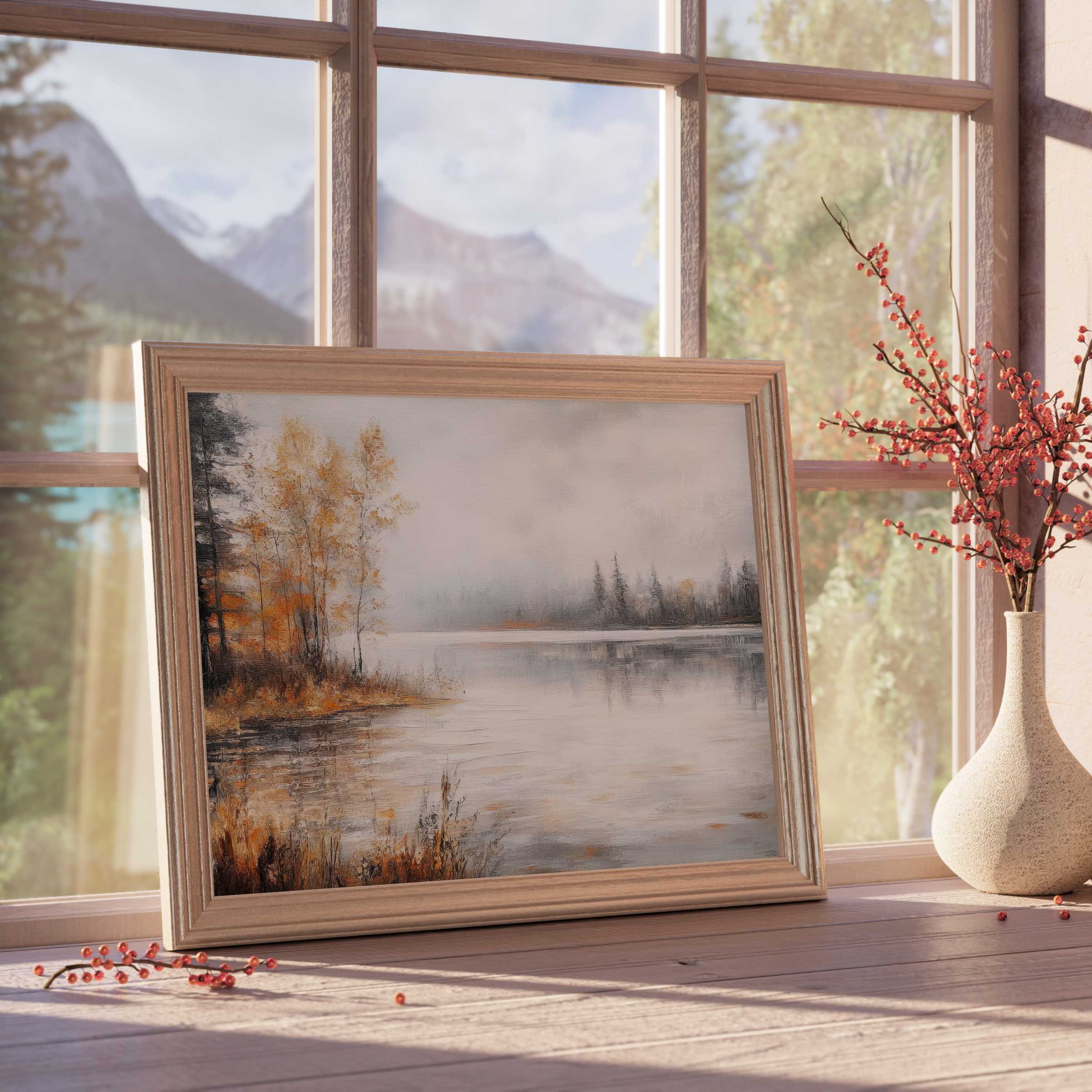 Fall downloadable art capturing a serene lakeside scene with golden foliage, perfect for calming, curated interiors