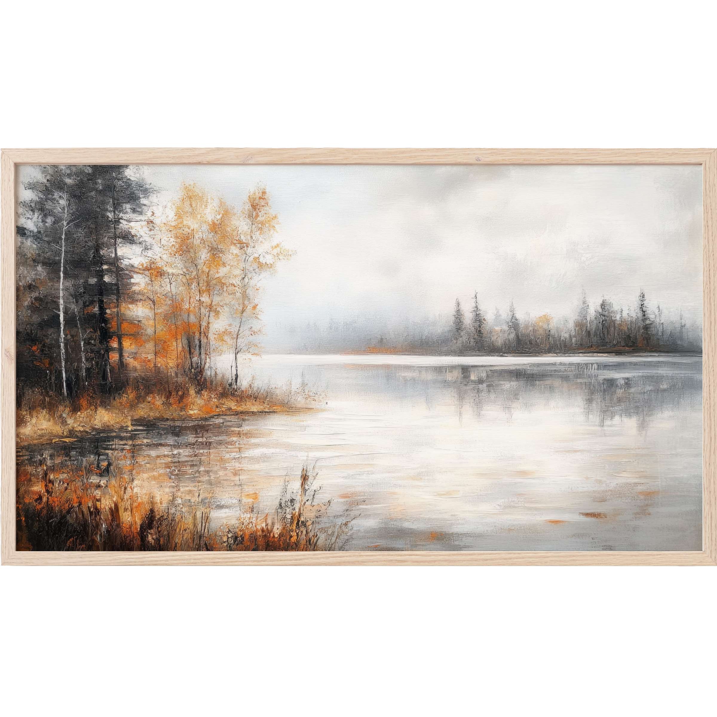 Fall Frame TV Art showcasing a serene lake landscape in muted grays and warm autumnal oranges, softly textured