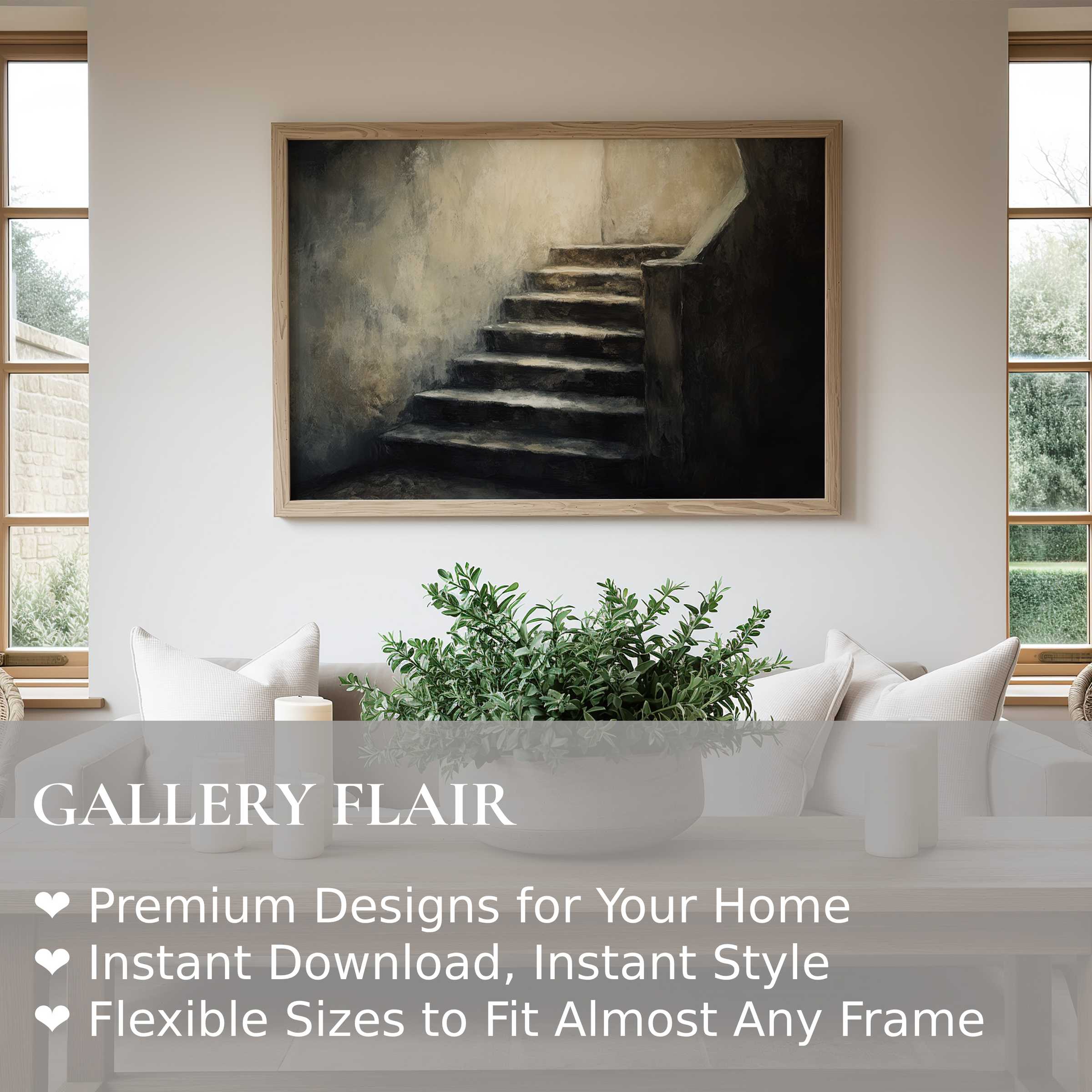 Moody halloween wall art print featuring shadowed stairs with textured, atmospheric depth; elevates modern minimalist living spaces