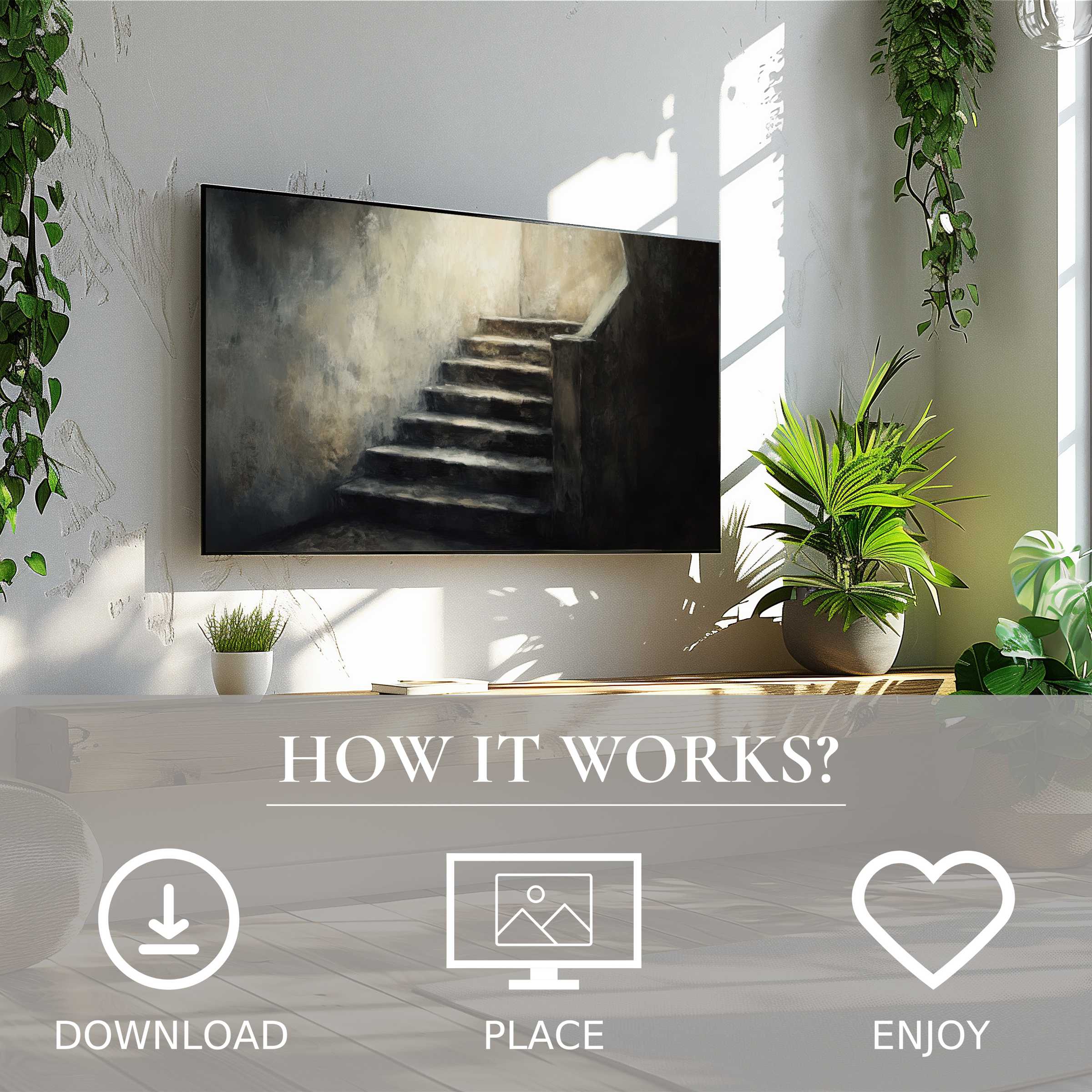 Modern living with easy digital download; halloween art for Samsung TV shows moody staircase, enriching space