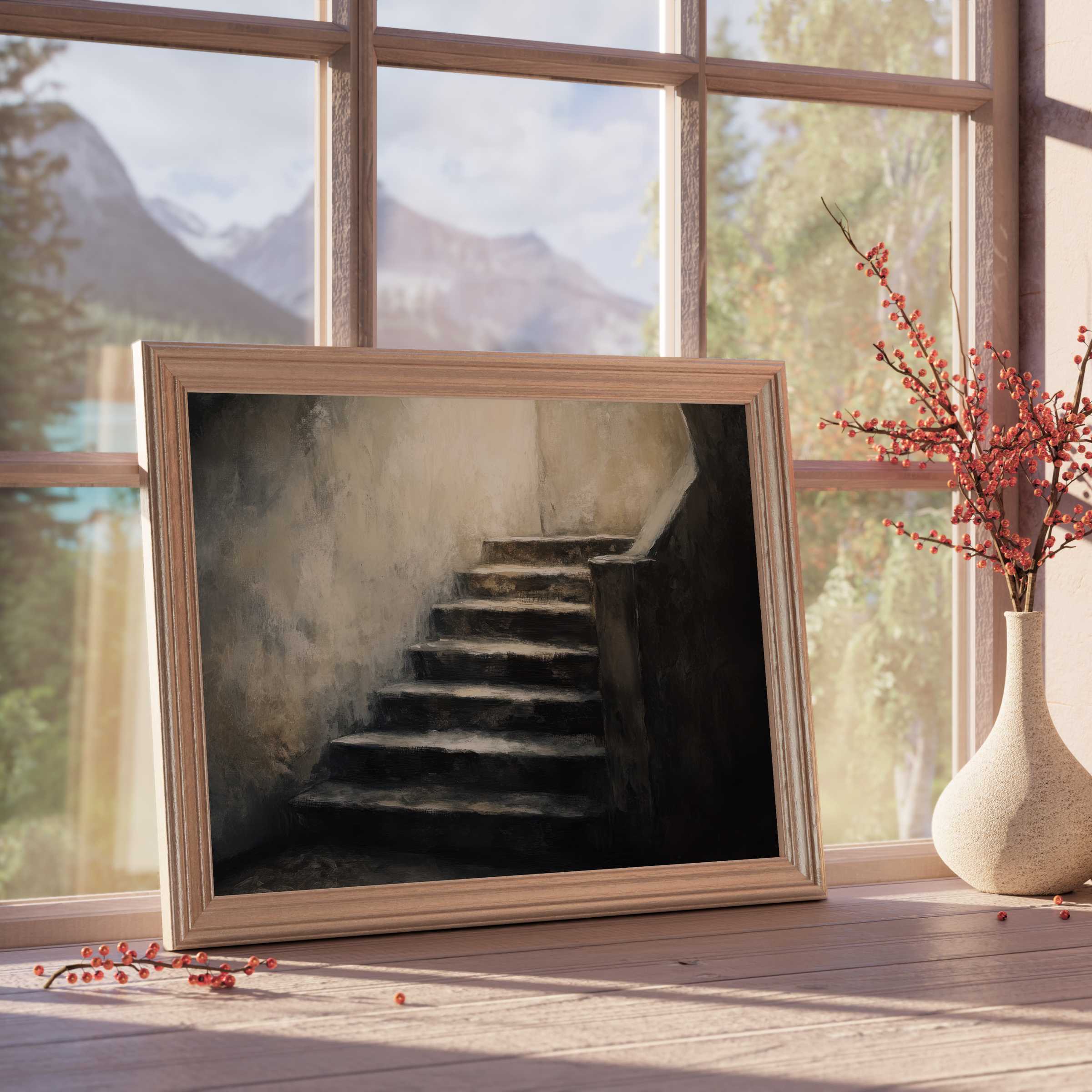 Hauntingly elegant halloween downloadable art featuring a shadowed staircase, perfect for curated, moody interiors with vintage charm