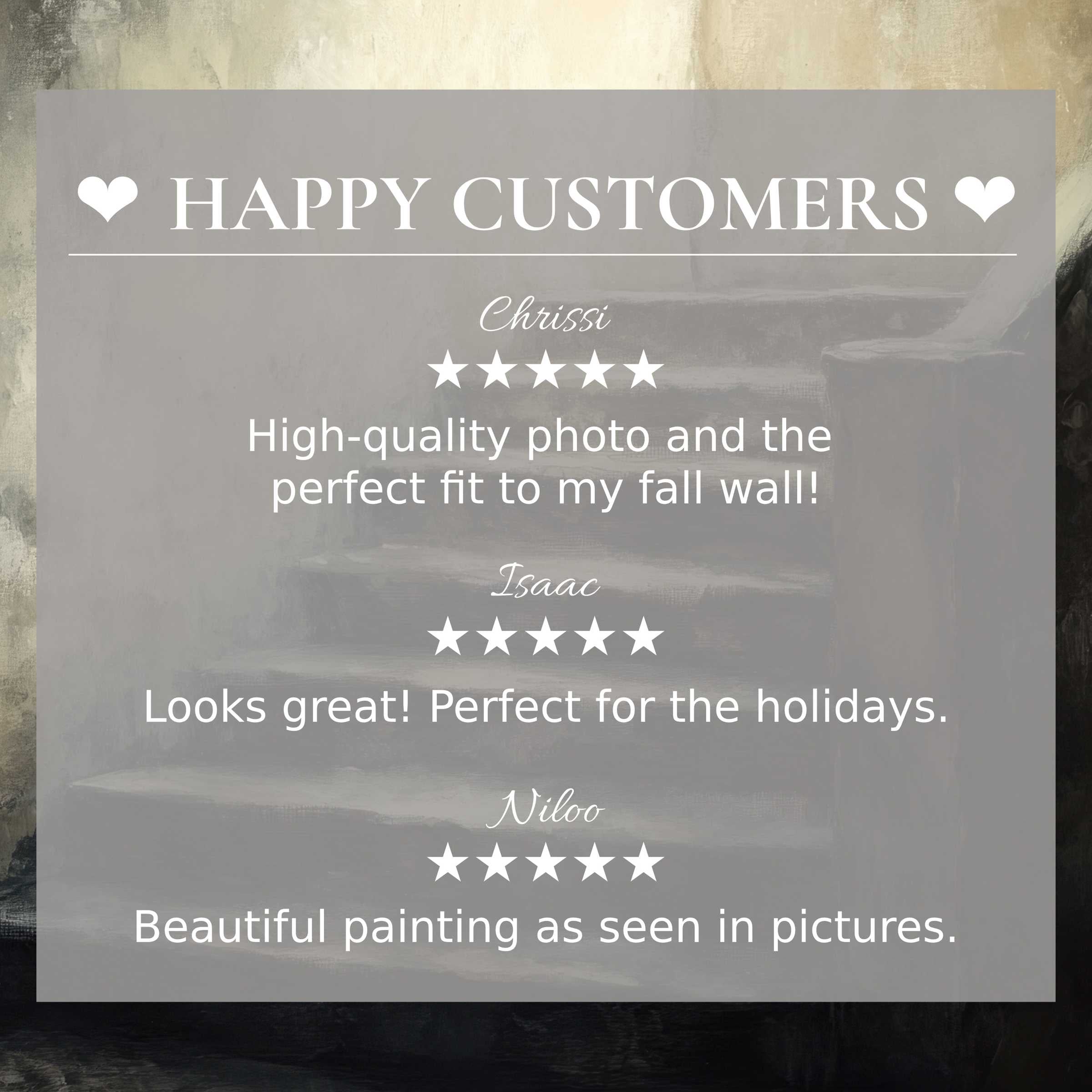 Refined layout with a muted staircase background highlights happy customer reviews for halloween art for Frame TV