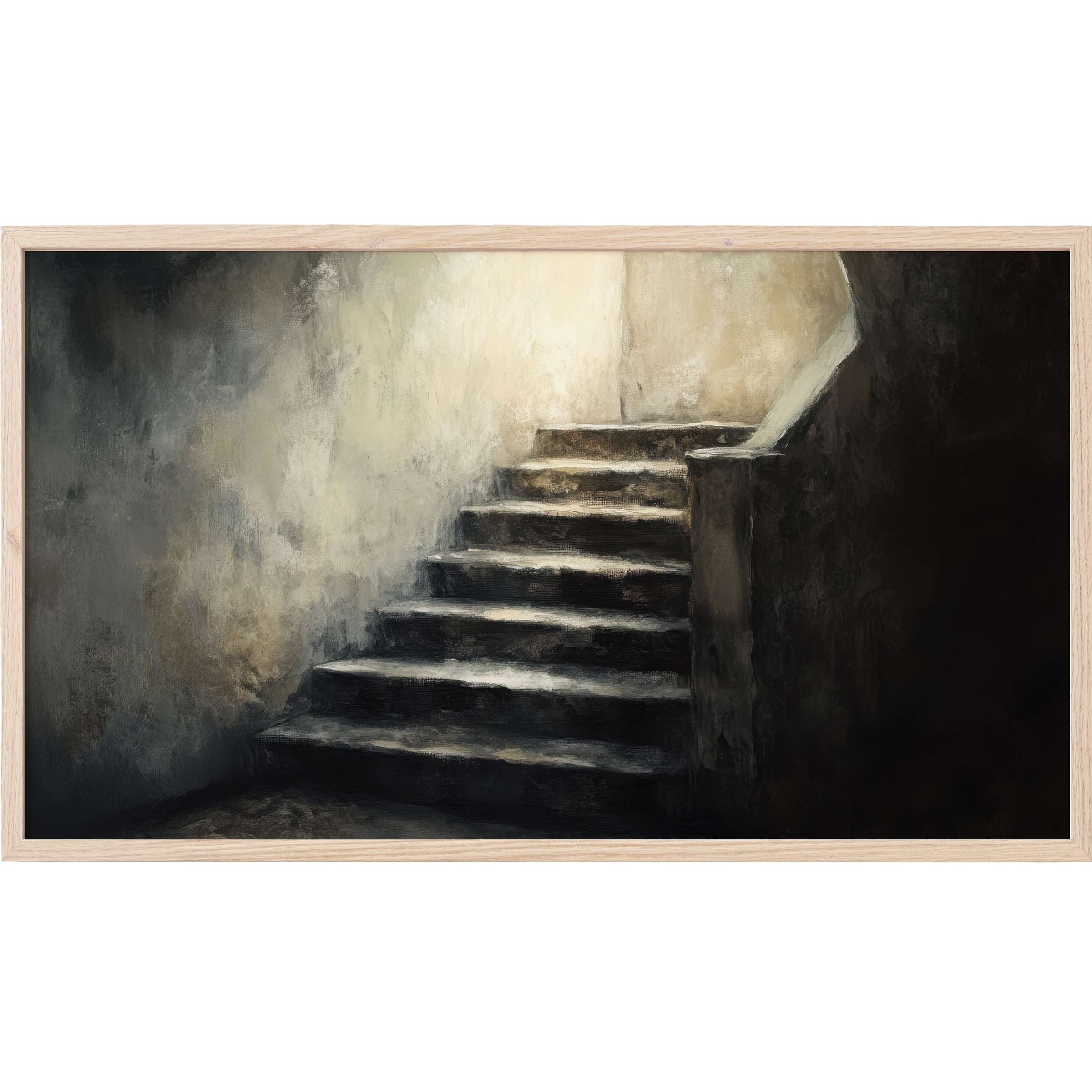 Moody monochrome staircase with soft light and shadow gradients, evoking mystery in elegant halloween Frame TV Art