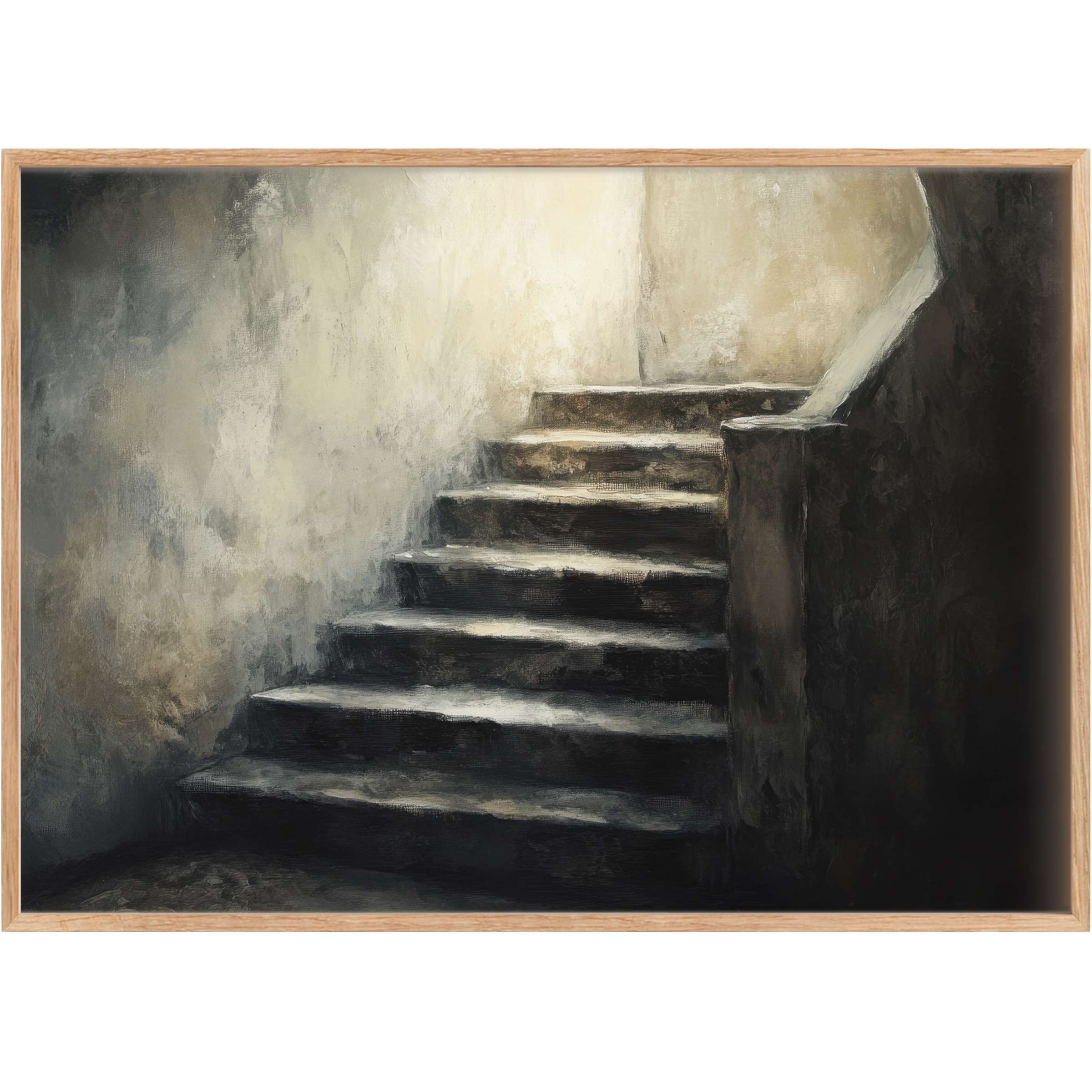 Evoke mystery and quiet suspense with this Halloween printable wall art, featuring shadowed stone stairs bathed in soft, muted grays and warm creams, creating a timeless, introspective atmosphere that elevates sophisticated interiors