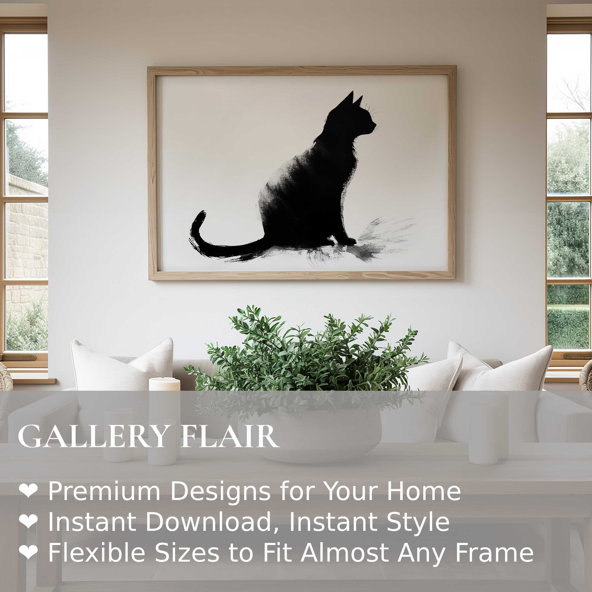 Black and white wall art print of a bold cat silhouette enhances serene minimalist living spaces with refined, modern elegance