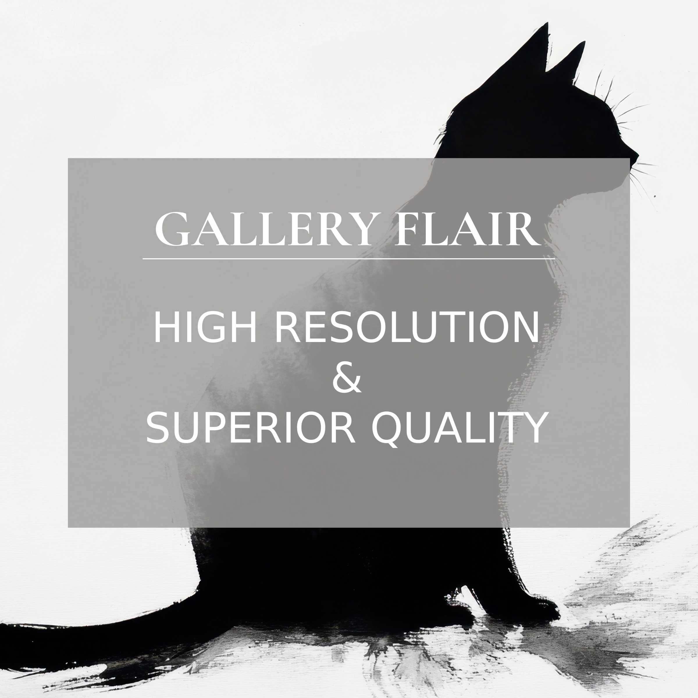 Black and white printable art featuring a poised cat silhouette, evoking serene, refined ambiance with exquisite detail