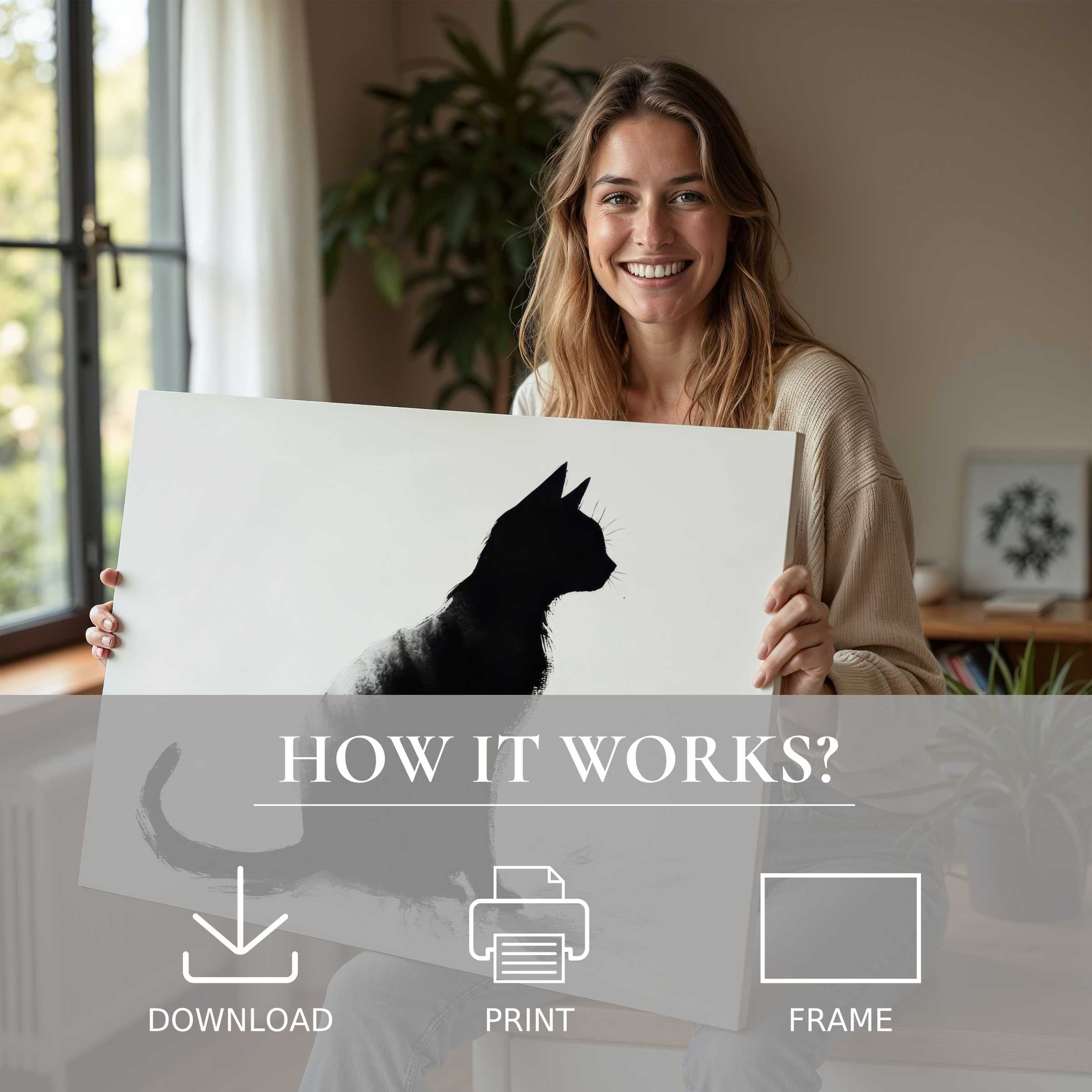 A joyful moment revealing a black and white digital art print of a serene cat silhouette, enriching a modern home with effortless elegance